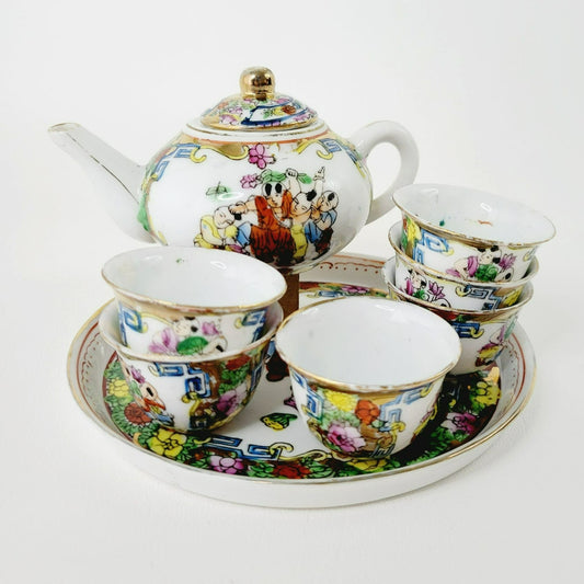 Vintage Hand Painted Small Chinese Tea Ceremony Set of 8, Delicate & Colorful