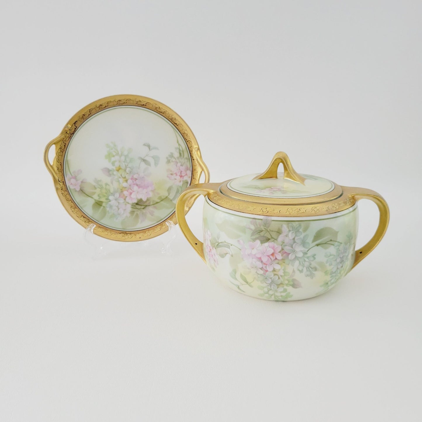 RS Germany Floral Biscuit Jar & Tray, Gold Trim Hand Painted Green and Pink Floral, c1920-1944 Tillowitz