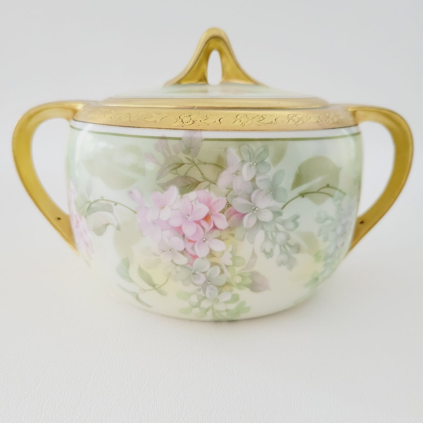 RS Germany Floral Biscuit Jar & Tray, Gold Trim Hand Painted Green and Pink Floral, c1920-1944 Tillowitz