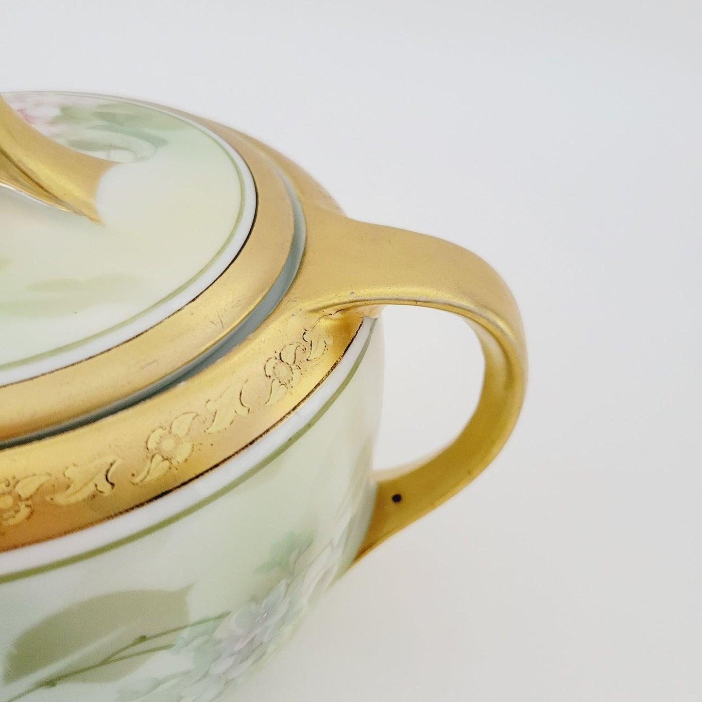 RS Germany Floral Biscuit Jar & Tray, Gold Trim Hand Painted Green and Pink Floral, c1920-1944 Tillowitz