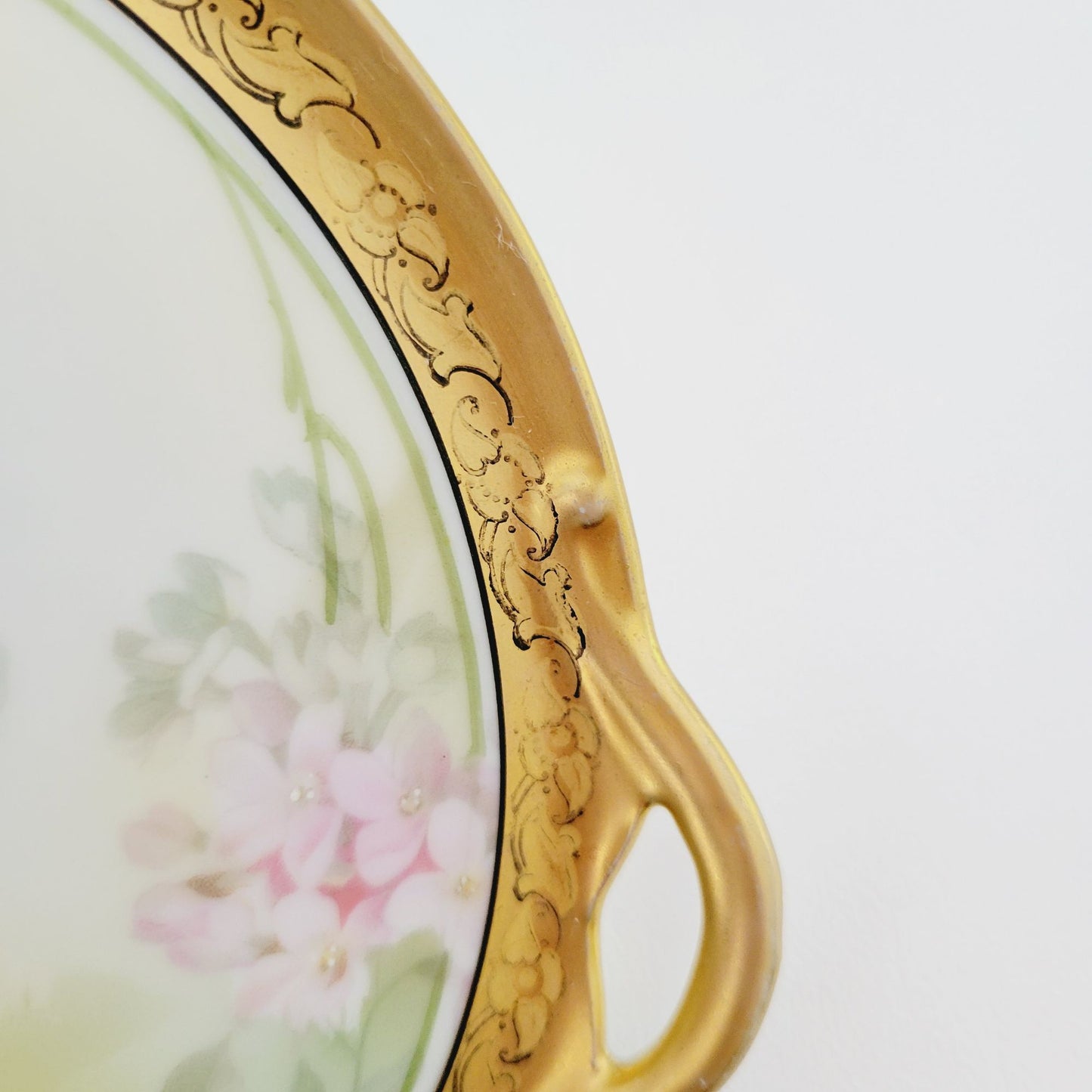 RS Germany Floral Biscuit Jar & Tray, Gold Trim Hand Painted Green and Pink Floral, c1920-1944 Tillowitz