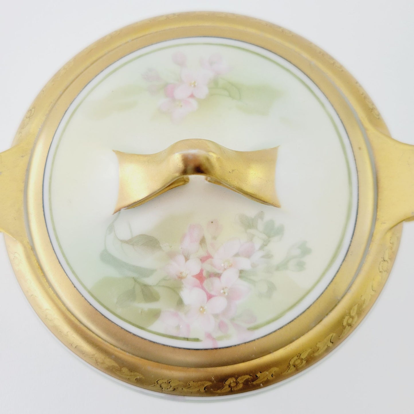 RS Germany Floral Biscuit Jar & Tray, Gold Trim Hand Painted Green and Pink Floral, c1920-1944 Tillowitz