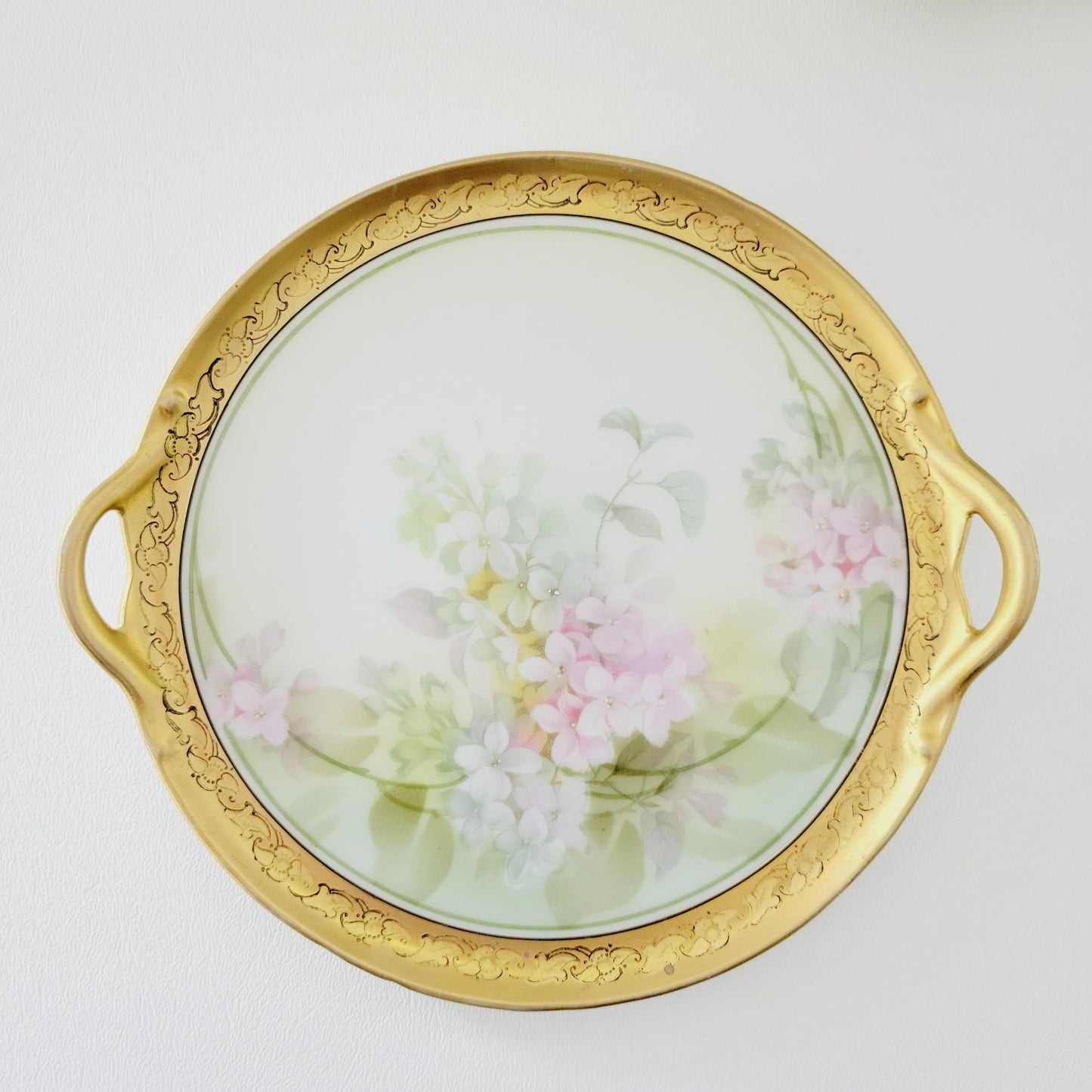 RS Germany Floral Biscuit Jar & Tray, Gold Trim Hand Painted Green and Pink Floral, c1920-1944 Tillowitz
