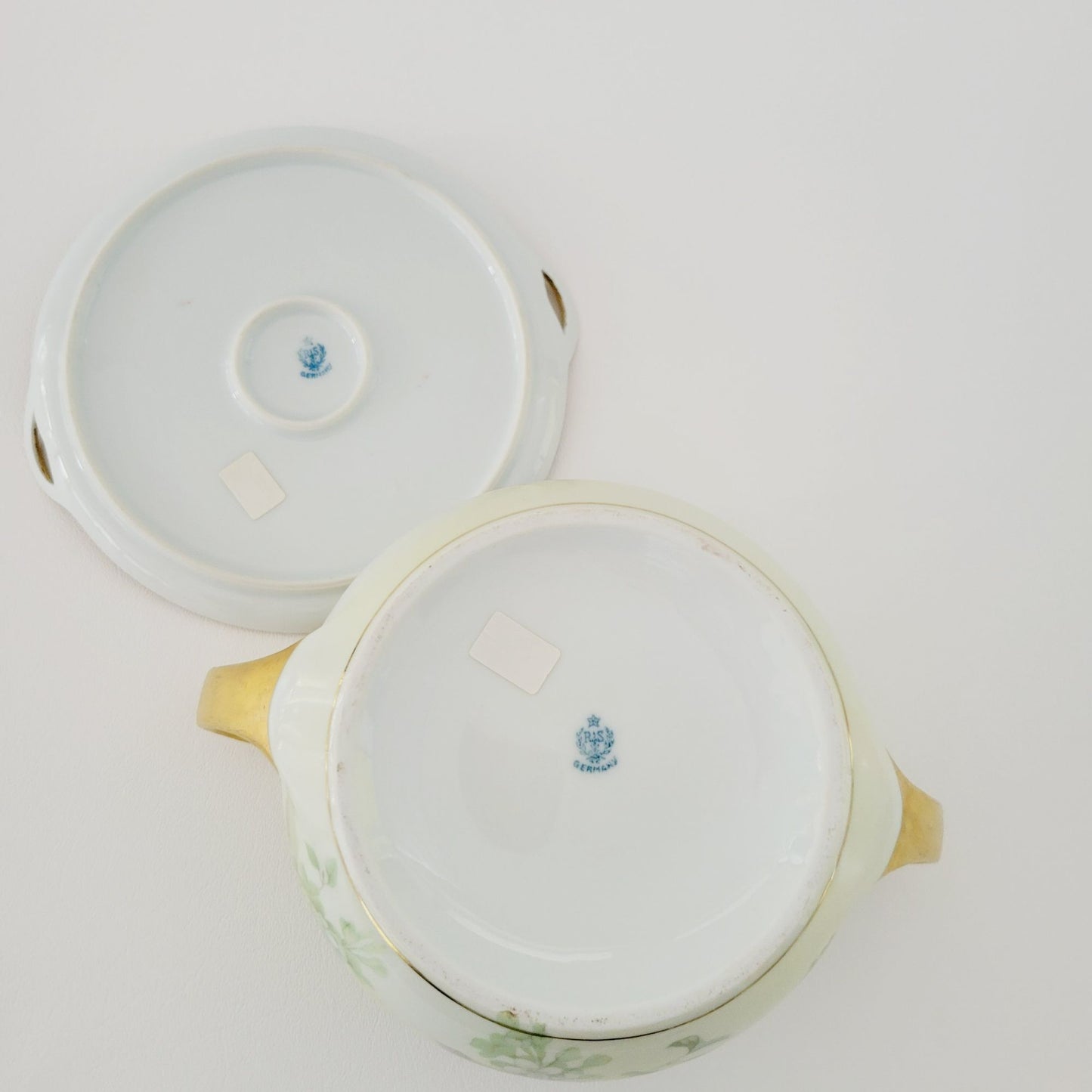 RS Germany Floral Biscuit Jar & Tray, Gold Trim Hand Painted Green and Pink Floral, c1920-1944 Tillowitz