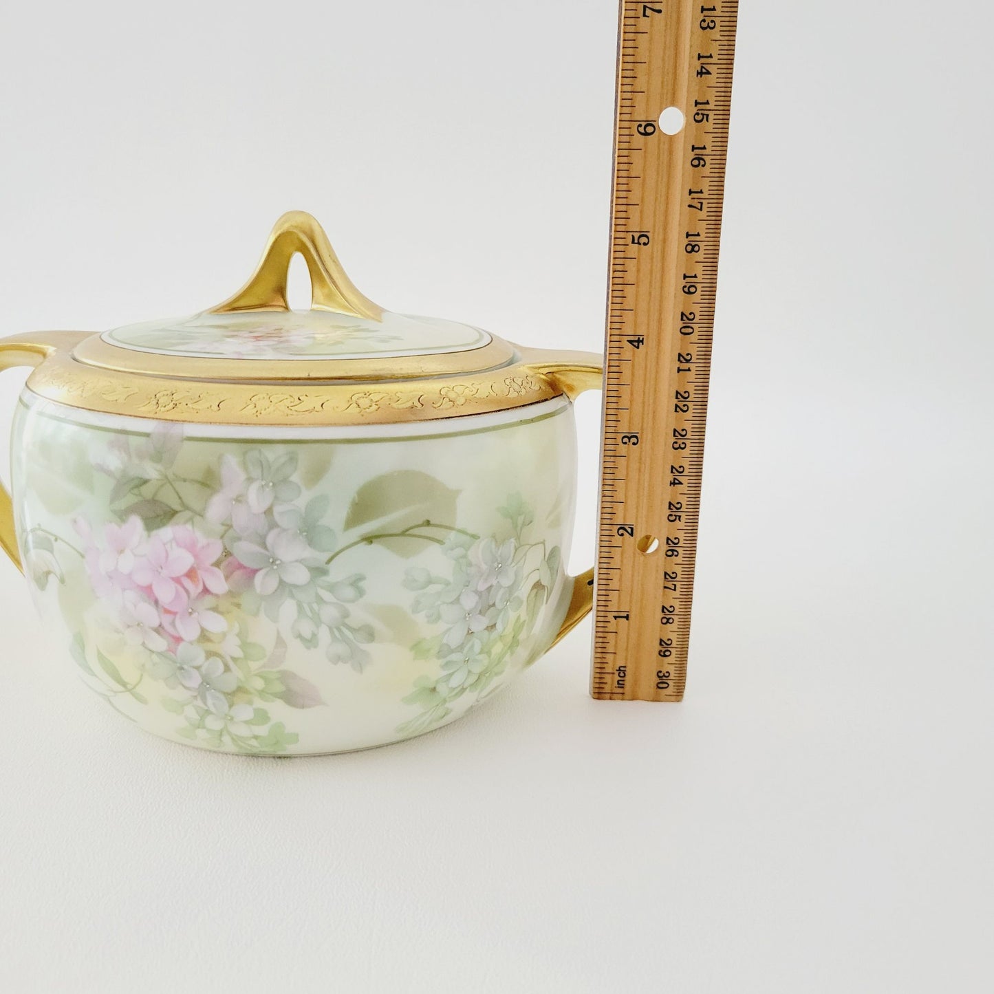 RS Germany Floral Biscuit Jar & Tray, Gold Trim Hand Painted Green and Pink Floral, c1920-1944 Tillowitz