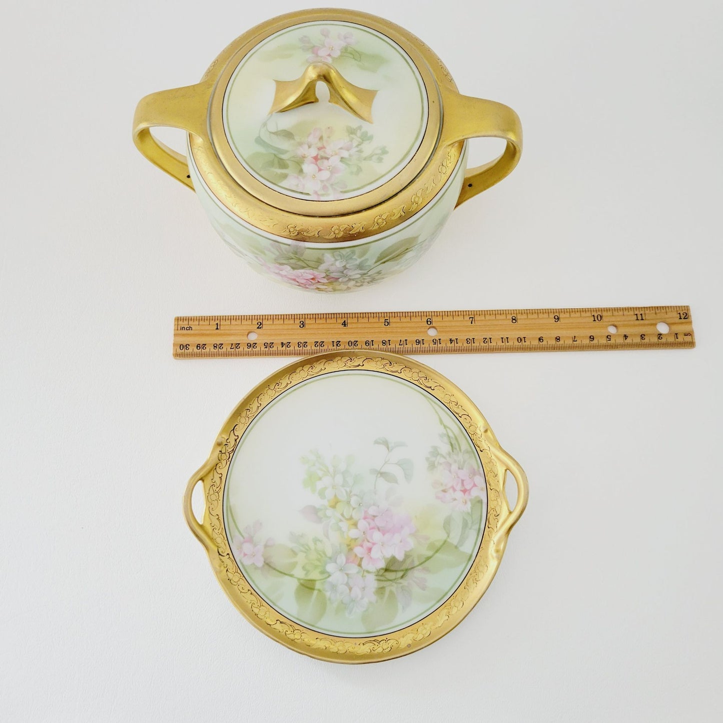 RS Germany Floral Biscuit Jar & Tray, Gold Trim Hand Painted Green and Pink Floral, c1920-1944 Tillowitz