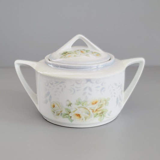 Vintage Luster Floral Biscuit Jar by K&L Germany, Blue Gray with White and Yellow Roses