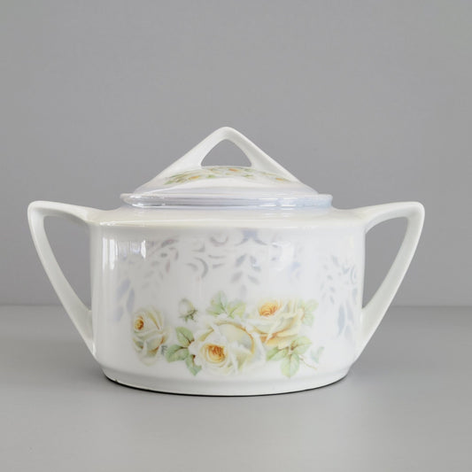 Vintage Luster Floral Biscuit Jar by K&L Germany, Blue Gray with White and Yellow Roses