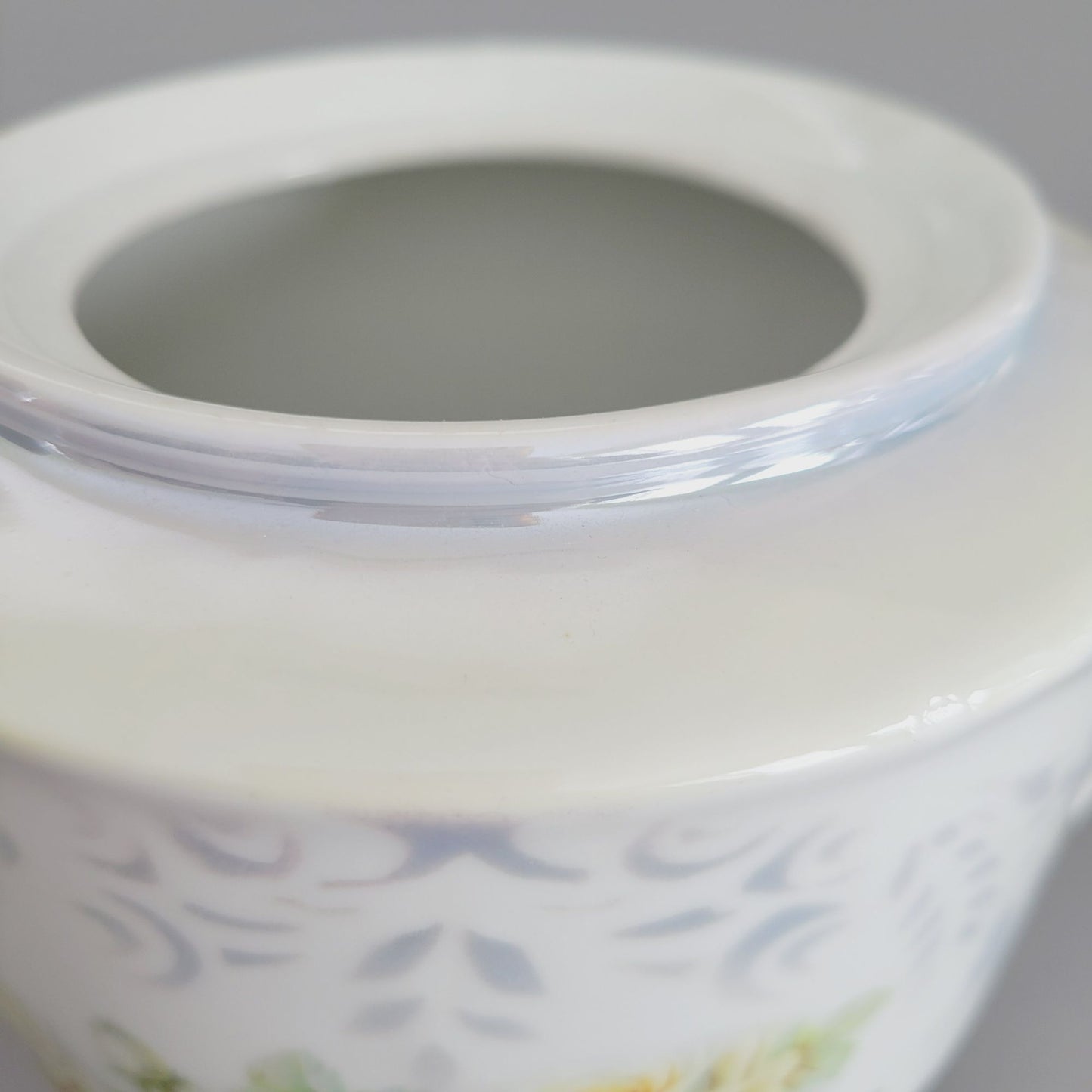 Vintage Luster Floral Biscuit Jar by K&L Germany, Blue Gray with White and Yellow Roses