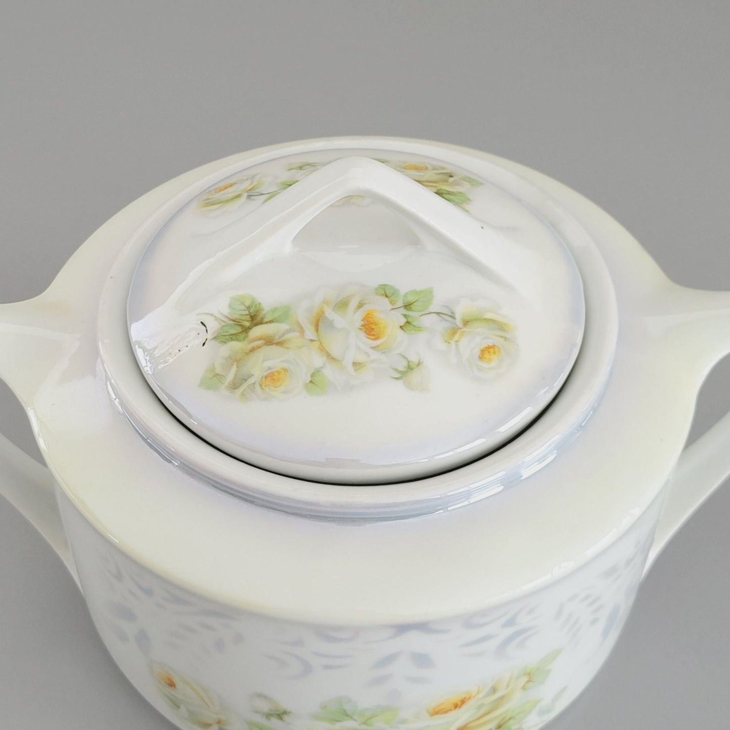 Vintage Luster Floral Biscuit Jar by K&L Germany, Blue Gray with White and Yellow Roses
