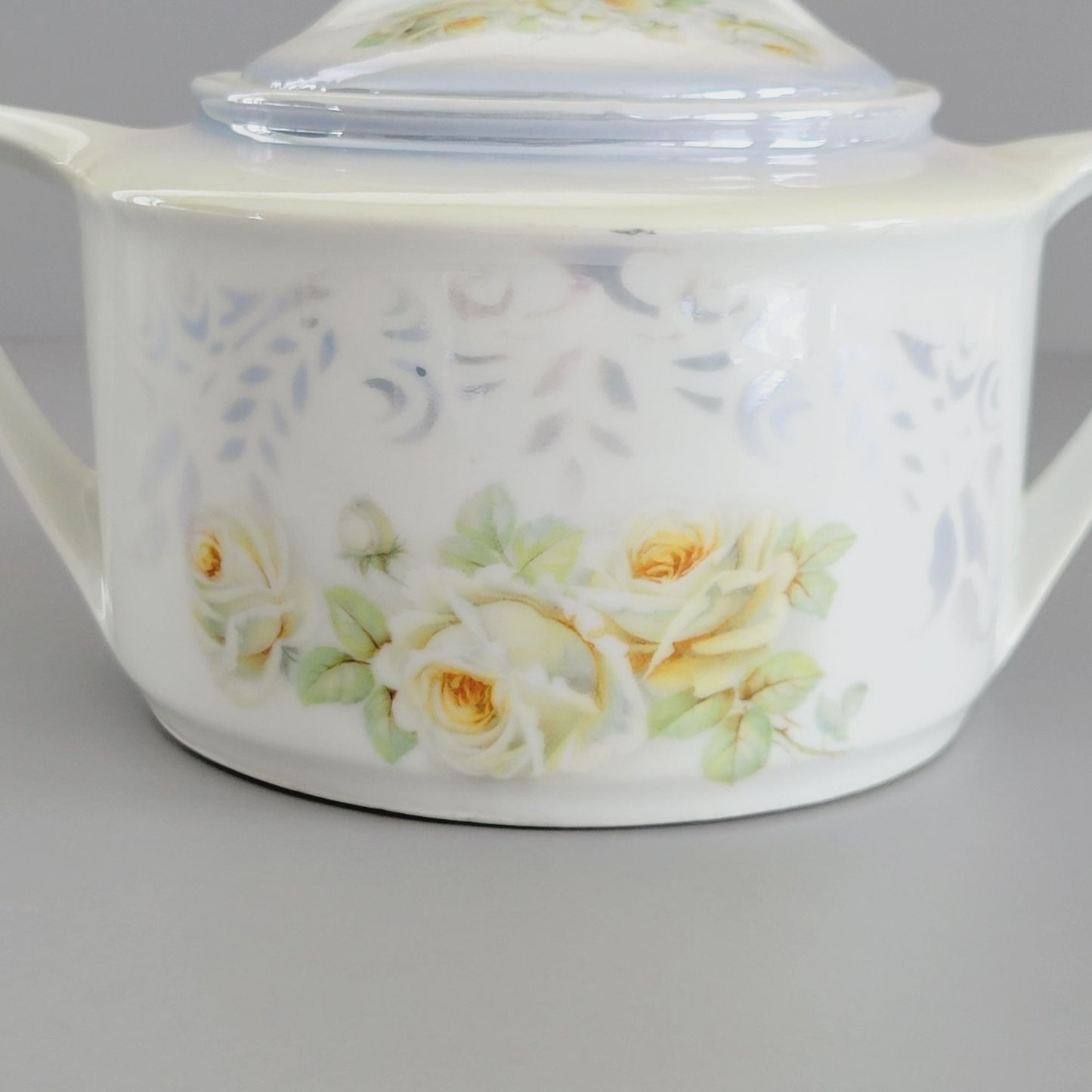 Vintage Luster Floral Biscuit Jar by K&L Germany, Blue Gray with White and Yellow Roses