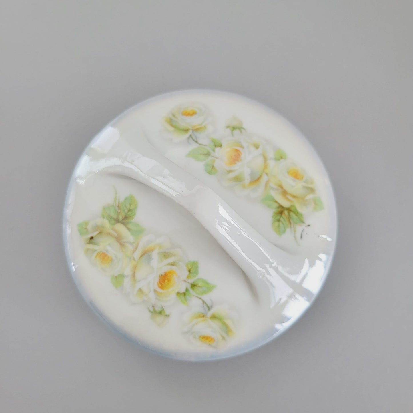 Vintage Luster Floral Biscuit Jar by K&L Germany, Blue Gray with White and Yellow Roses