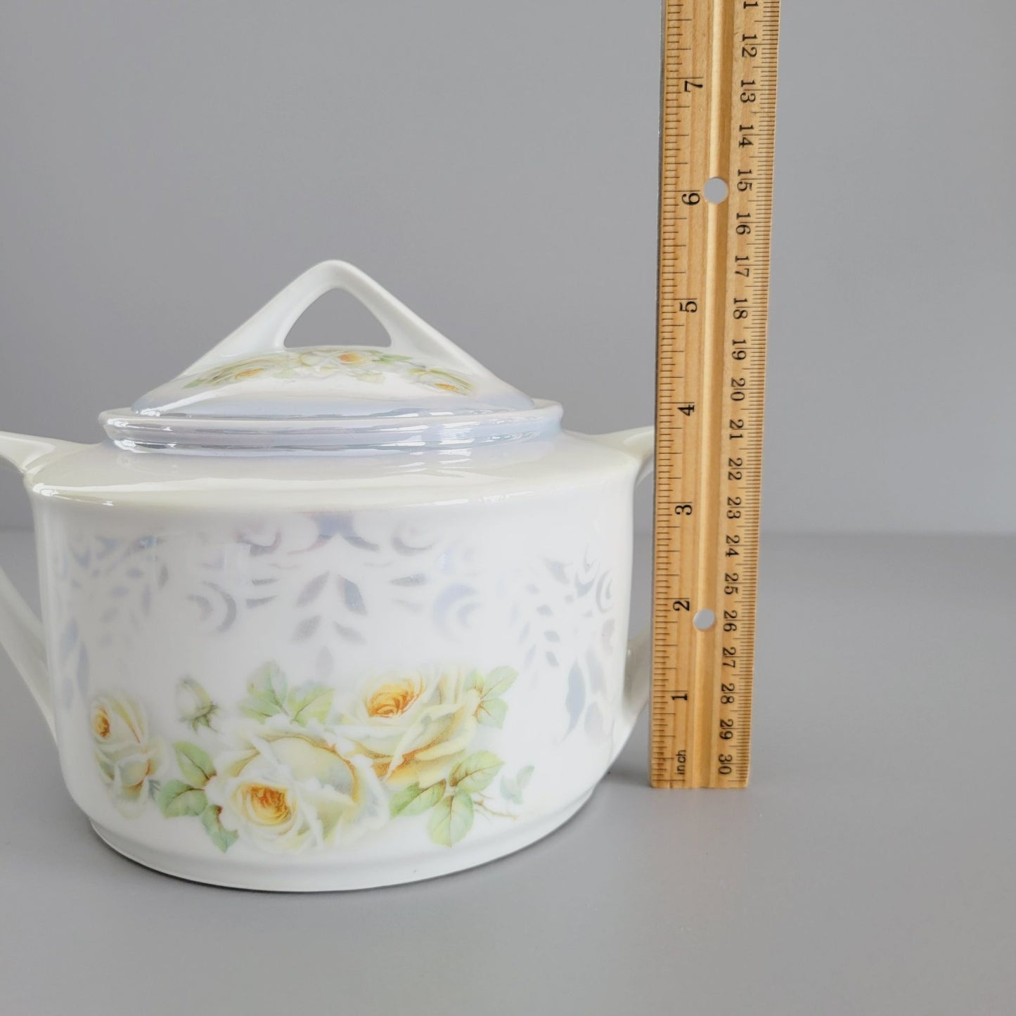 Vintage Luster Floral Biscuit Jar by K&L Germany, Blue Gray with White and Yellow Roses