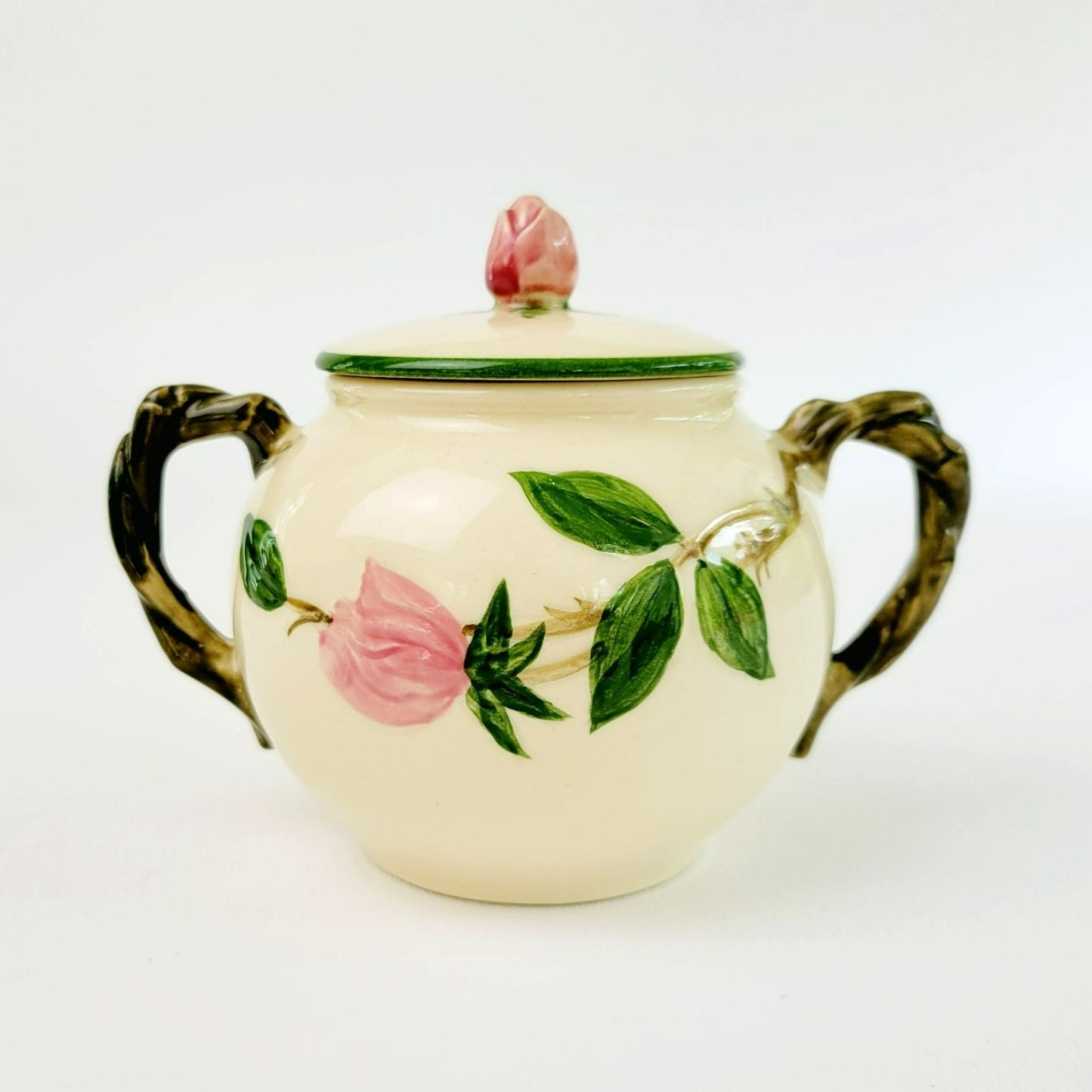 Franciscan Desert Rose Green Trim Sugar Bowl and Creamer, Vintage c.1949-53, Pink Floral Hand Painted & Embossed, USA Back Stamp