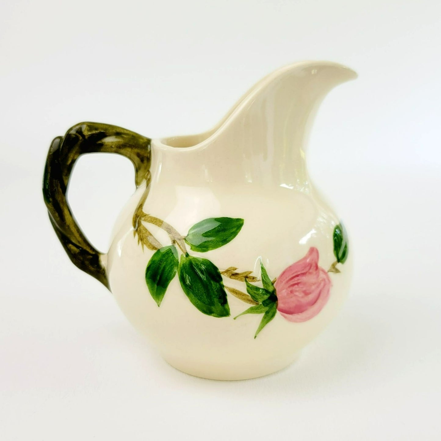 Franciscan Desert Rose Green Trim Sugar Bowl and Creamer, Vintage c.1949-53, Pink Floral Hand Painted & Embossed, USA Back Stamp