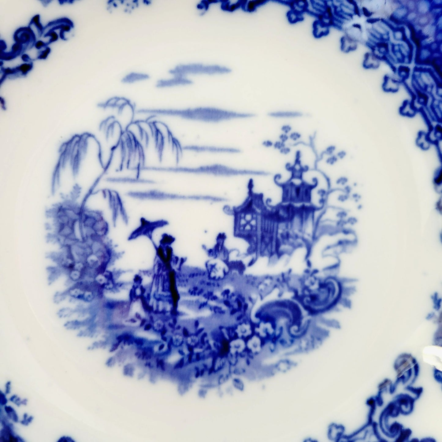 Antique Upper Hanley Pottery Geisha Flow Blue Soup Bowl, c.1895-1900 England