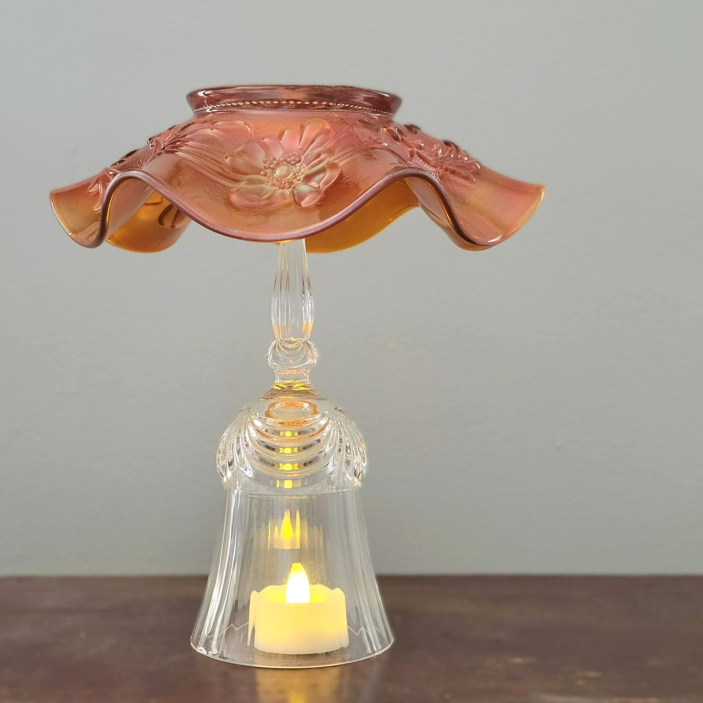 Vintage Upcycled Fairy Lamp, Floral Marigold Orange Carnival Glass Bowl with Crystal Goblet Base