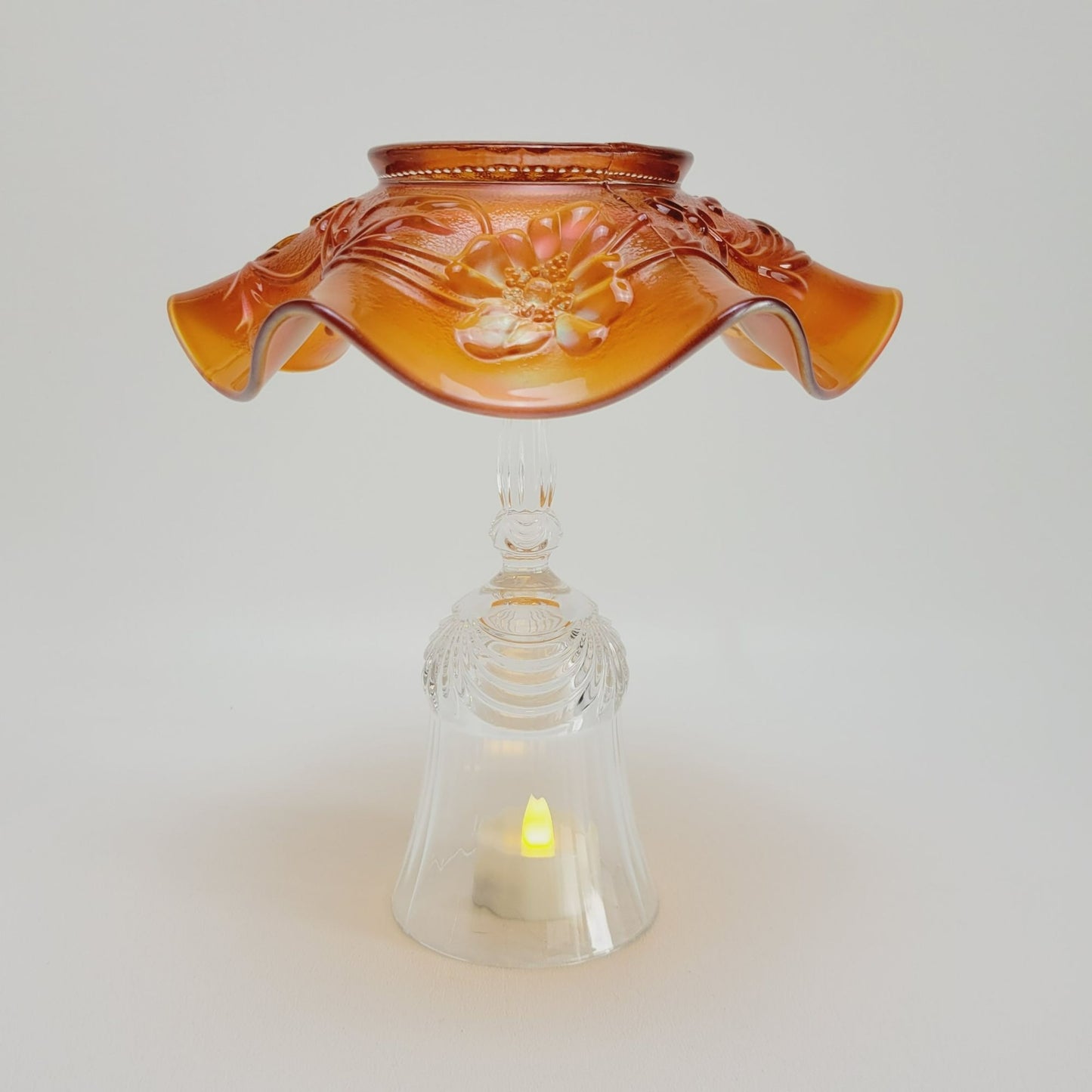 Vintage Upcycled Fairy Lamp, Floral Marigold Orange Carnival Glass Bowl with Crystal Goblet Base