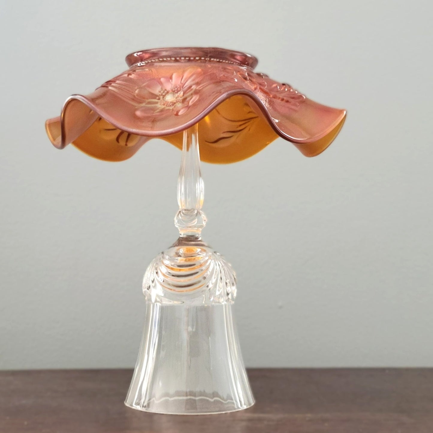 Vintage Upcycled Fairy Lamp, Floral Marigold Orange Carnival Glass Bowl with Crystal Goblet Base