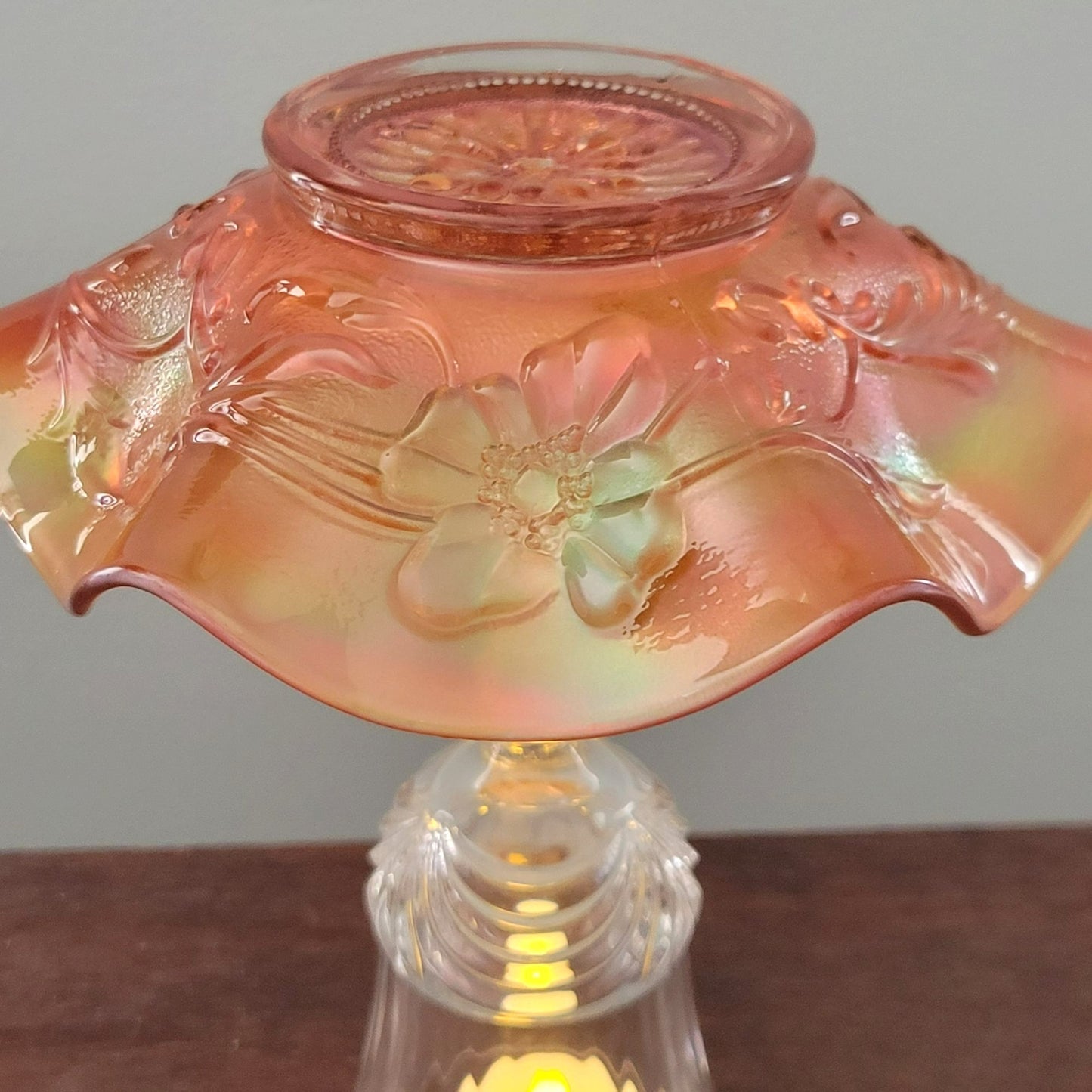 Vintage Upcycled Fairy Lamp, Floral Marigold Orange Carnival Glass Bowl with Crystal Goblet Base