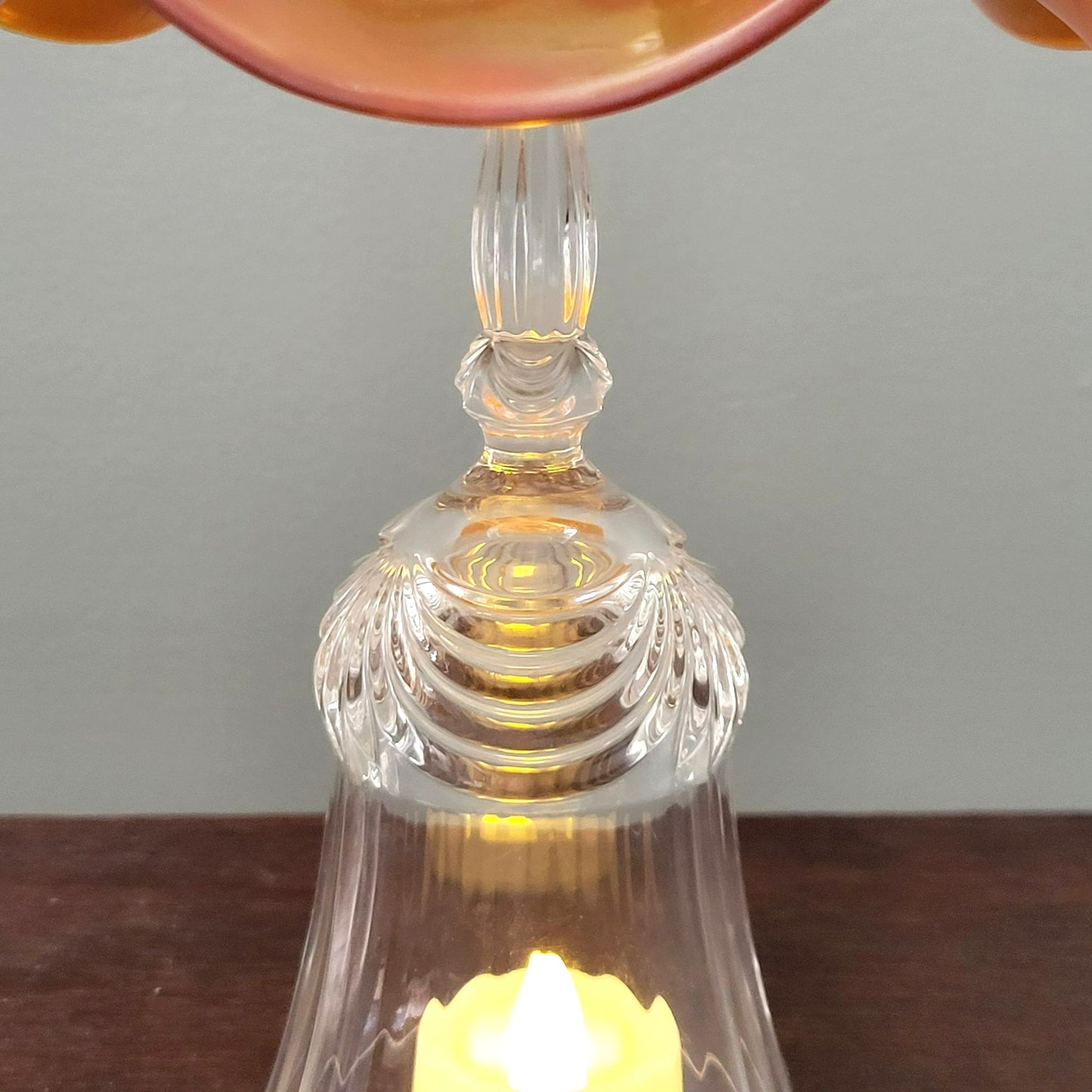 Vintage Upcycled Fairy Lamp, Floral Marigold Orange Carnival Glass Bowl with Crystal Goblet Base