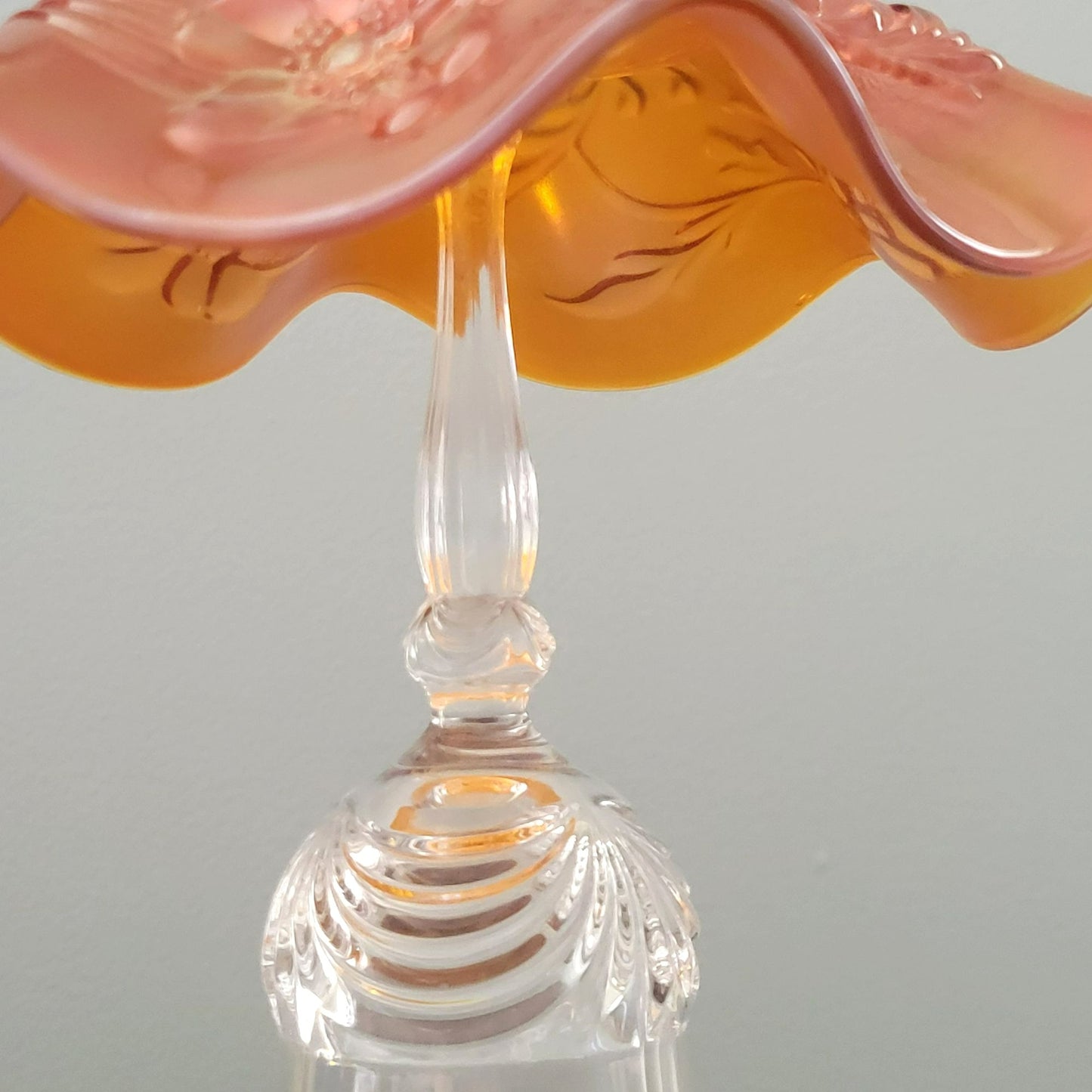 Vintage Upcycled Fairy Lamp, Floral Marigold Orange Carnival Glass Bowl with Crystal Goblet Base
