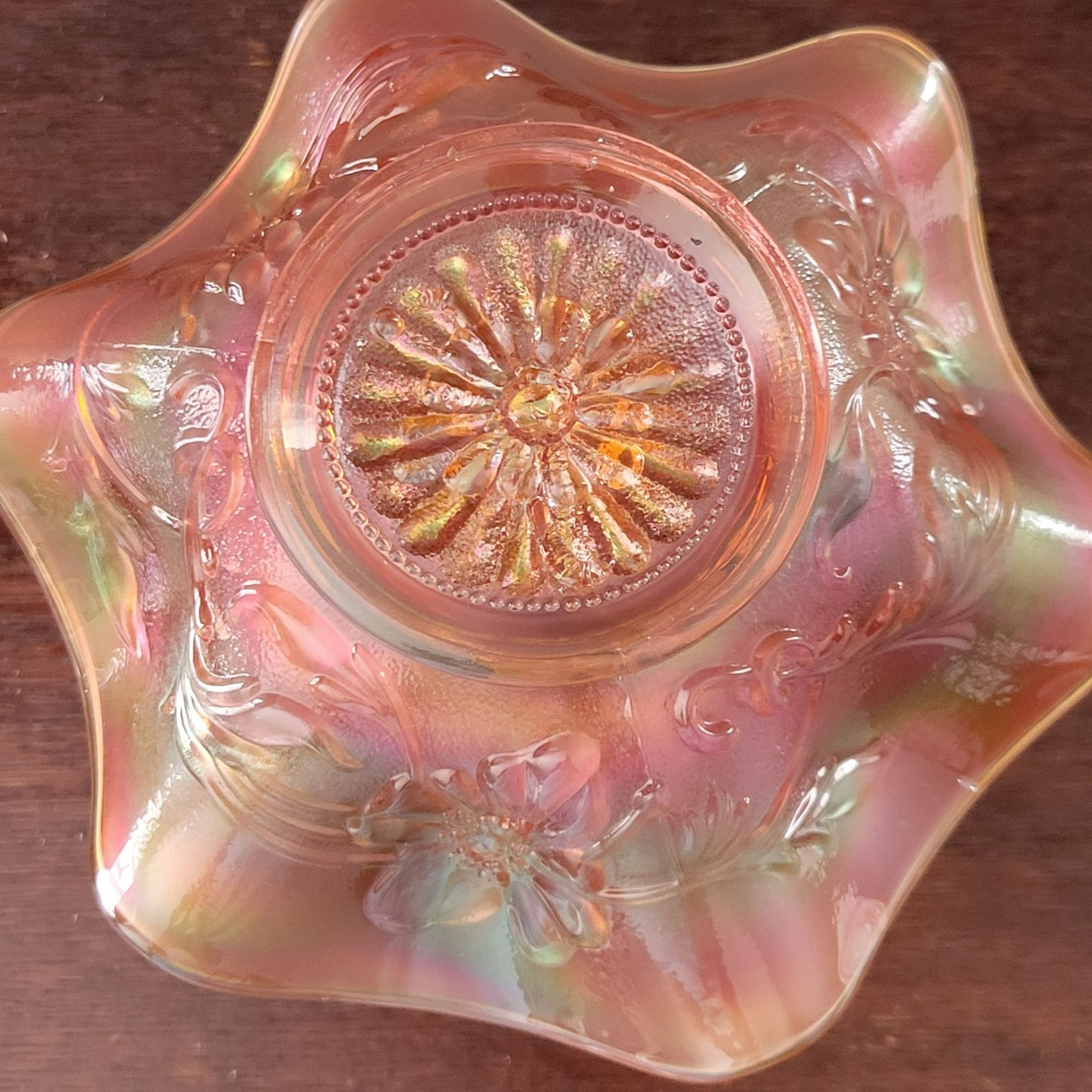 Vintage Upcycled Fairy Lamp, Floral Marigold Orange Carnival Glass Bowl with Crystal Goblet Base