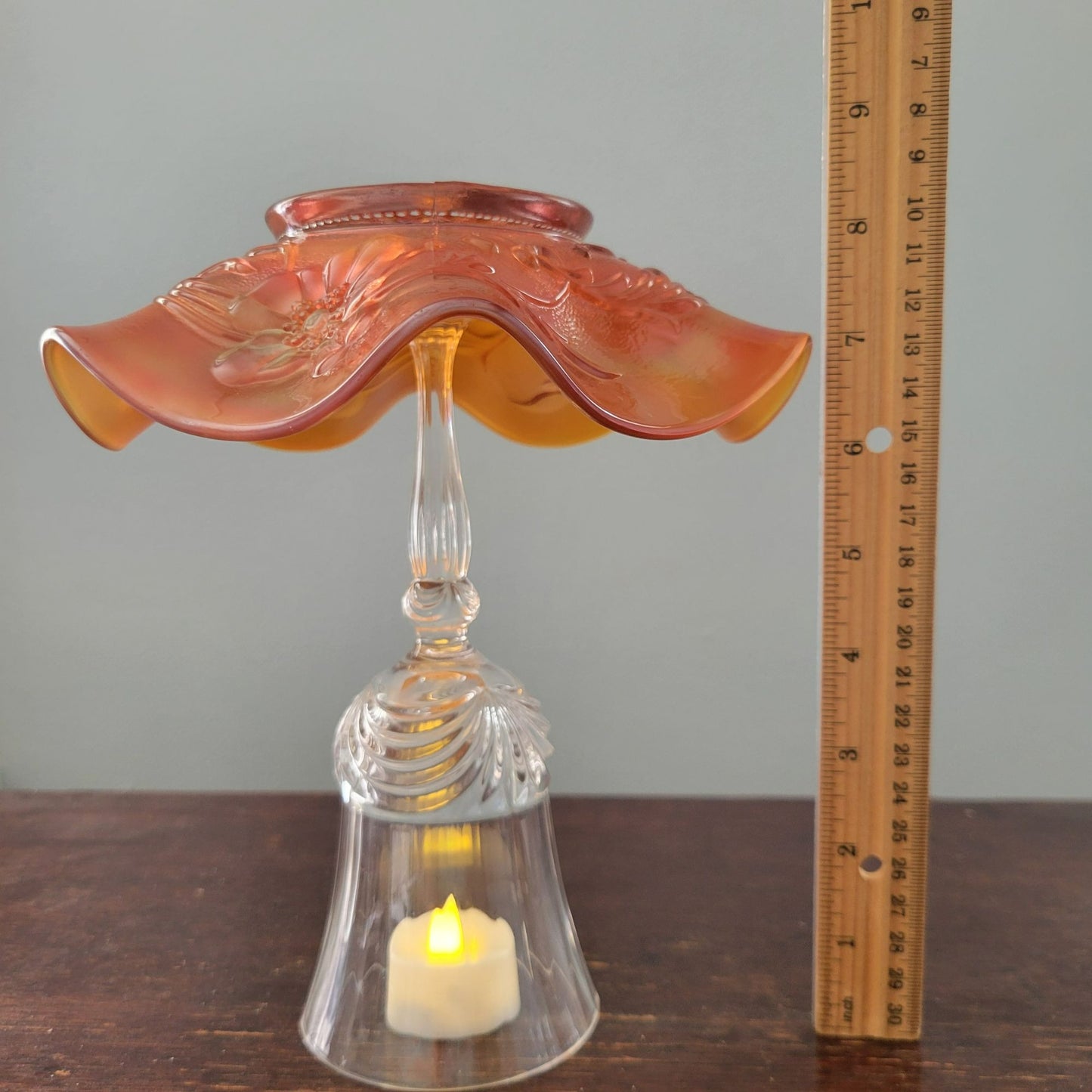 Vintage Upcycled Fairy Lamp, Floral Marigold Orange Carnival Glass Bowl with Crystal Goblet Base