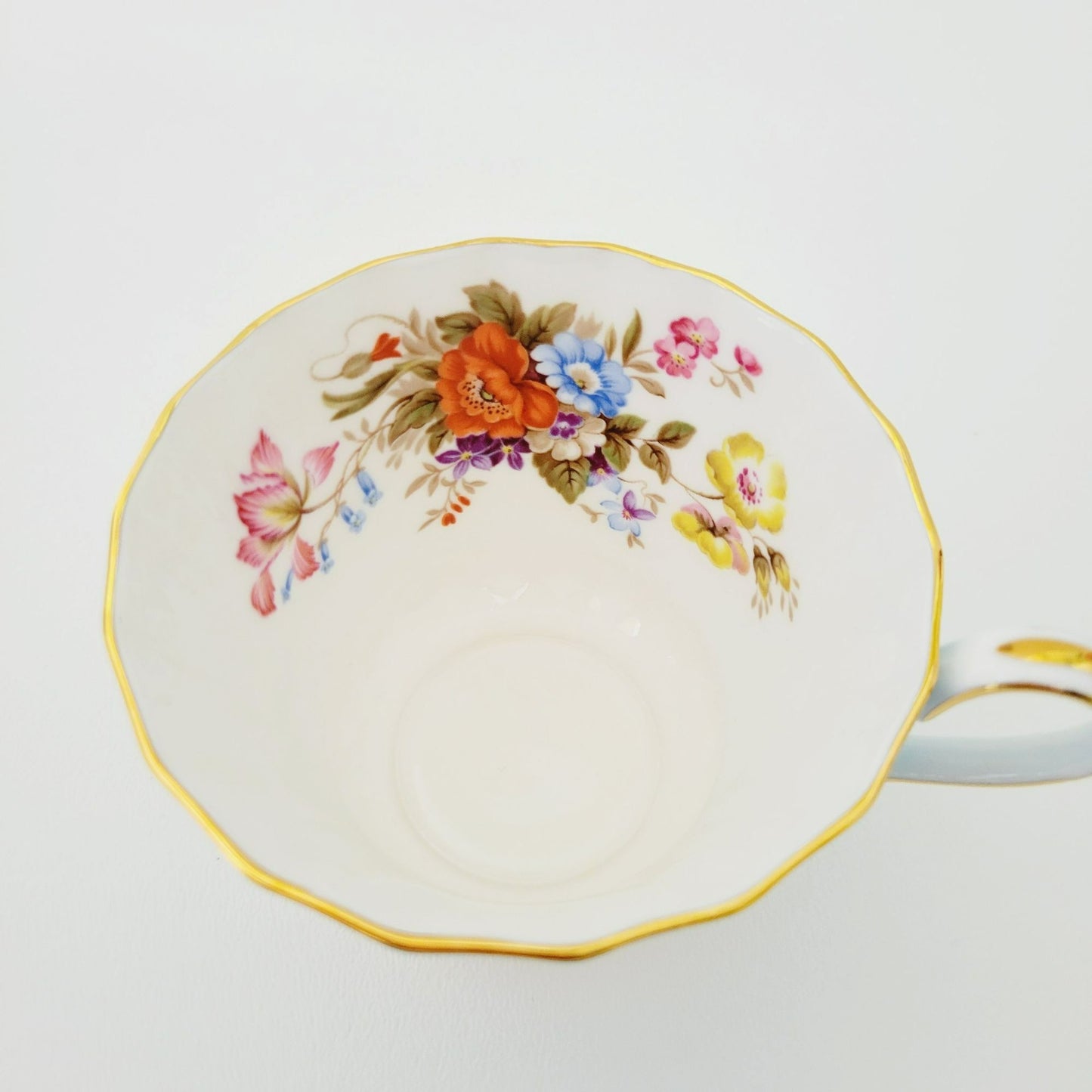 Aynsley Robin Blue Teacup & Saucer, Wild Flower Bouquet Inside, Textured Base, Gold Trim, c.1960s England