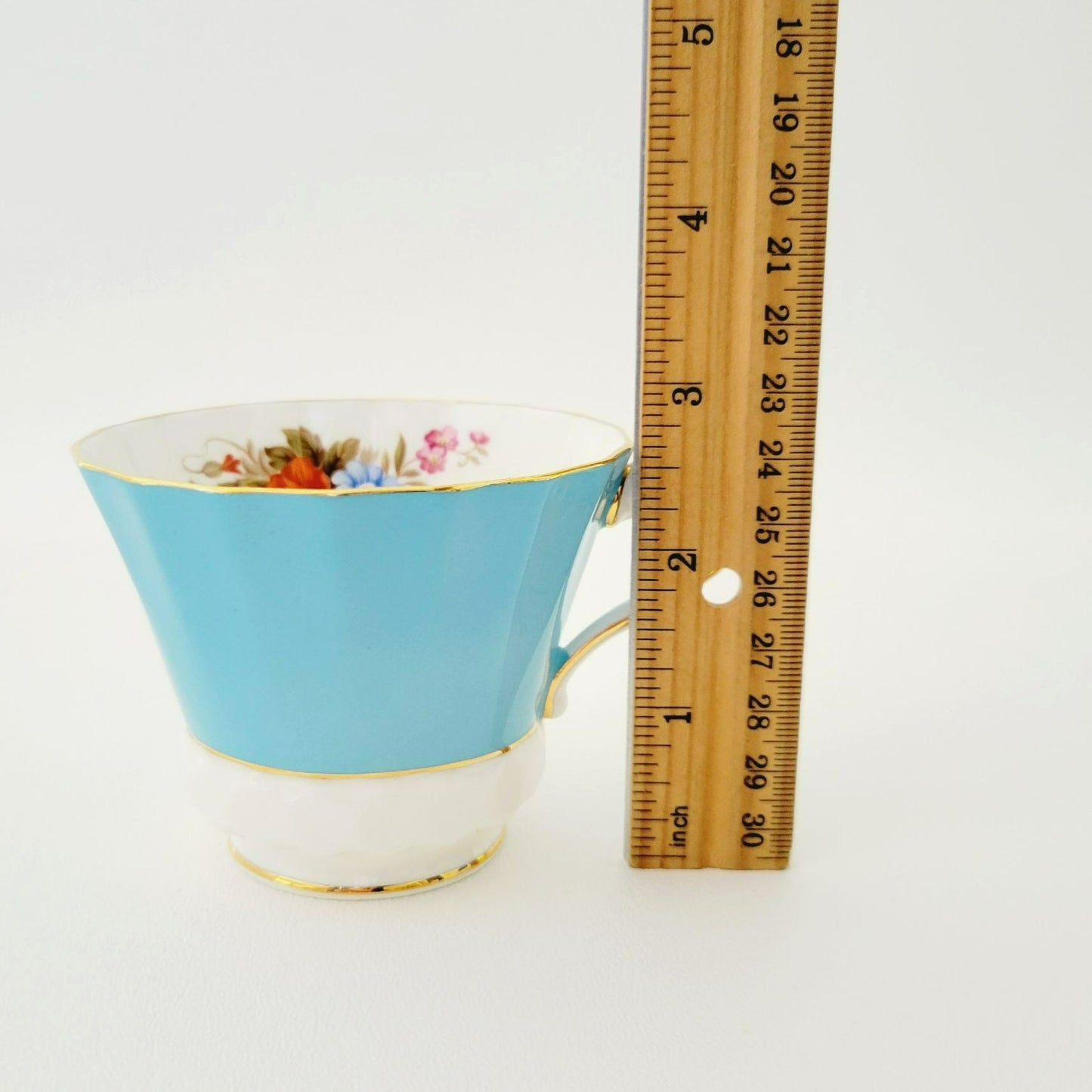 Aynsley Robin Blue Teacup & Saucer, Wild Flower Bouquet Inside, Textured Base, Gold Trim, c.1960s England
