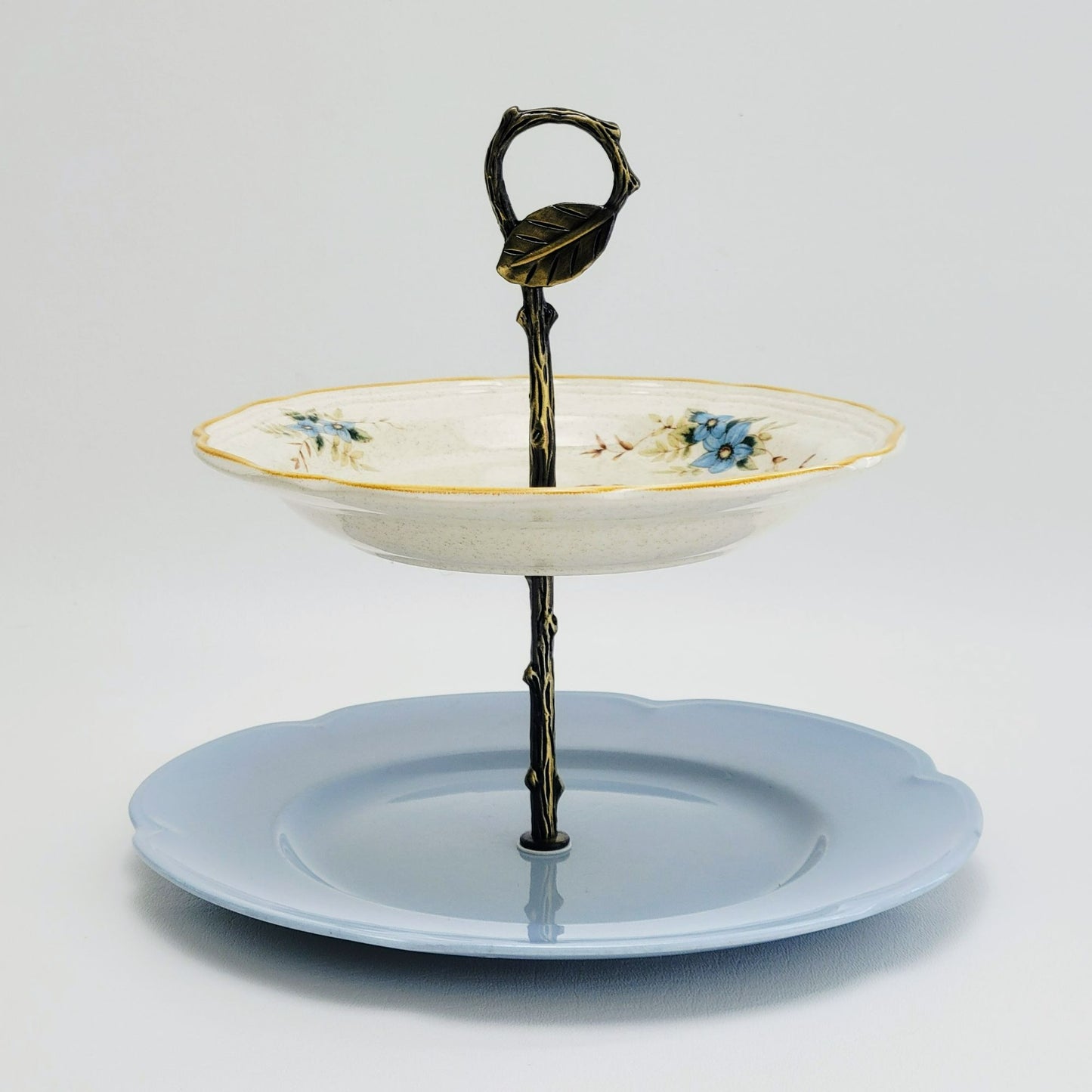 One of a Kind Vintage Mismatched 2 Tiered Dessert Stand, Blue & Beige, Floral Pattern