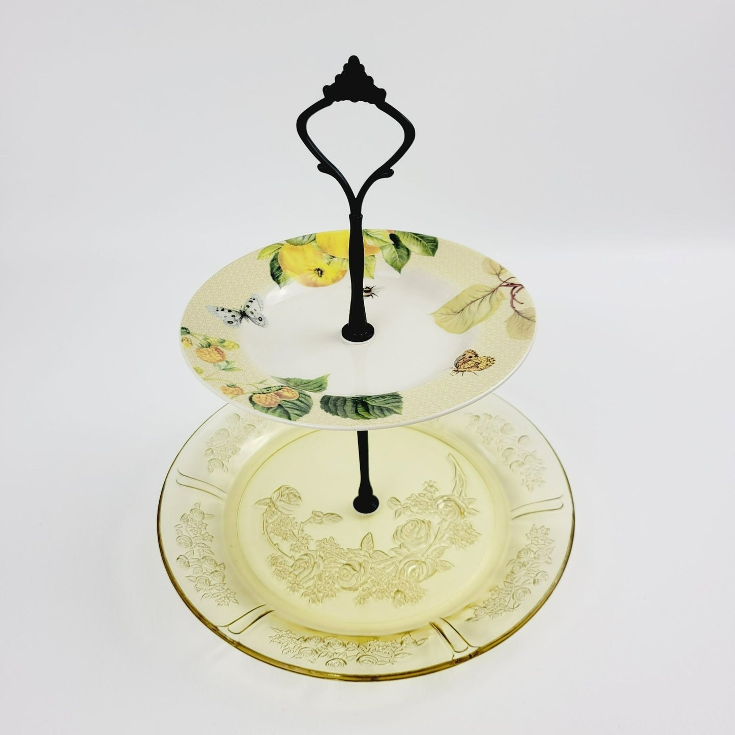 Vintage Tiered Dessert Stand, Yellow Floral, Butterfly & Fruit Design, Spode & Federal Glass Co.