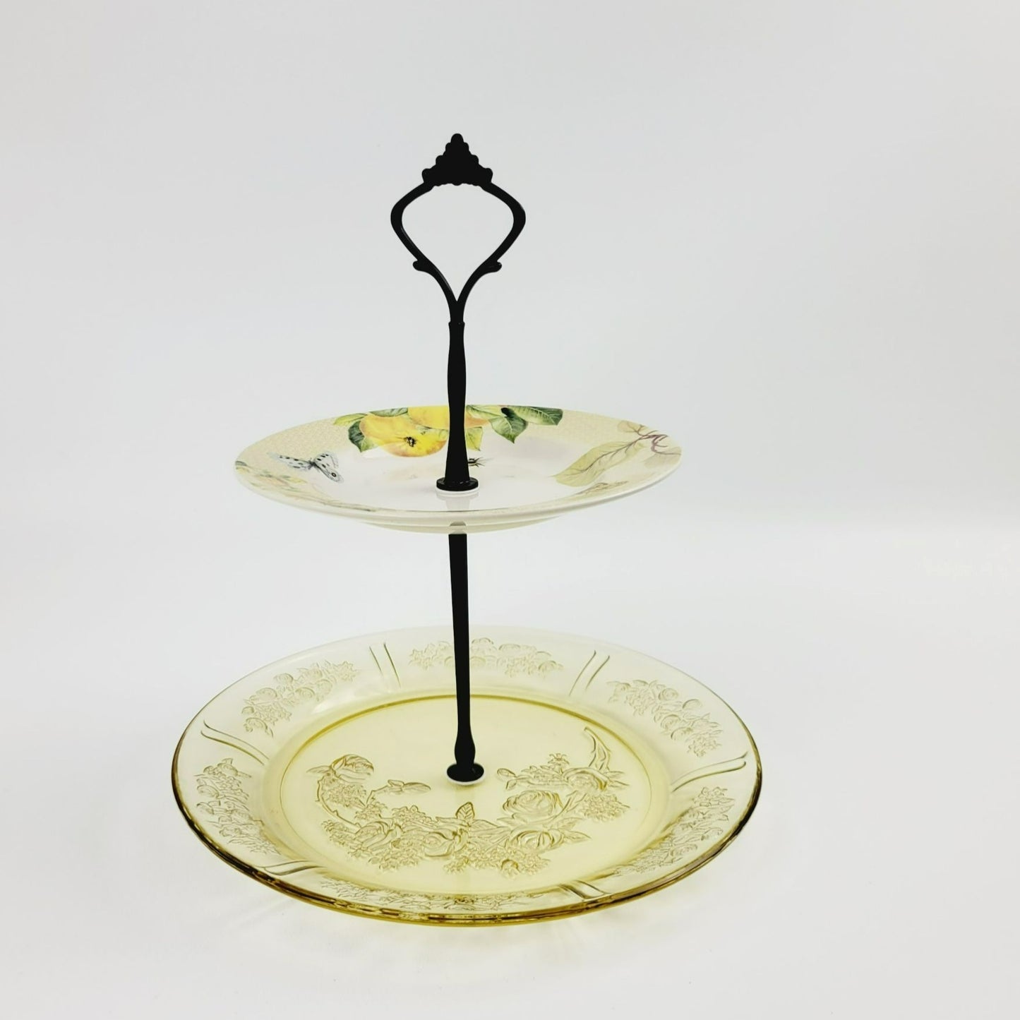 Vintage Tiered Dessert Stand, Yellow Floral, Butterfly & Fruit Design, Spode & Federal Glass Co.