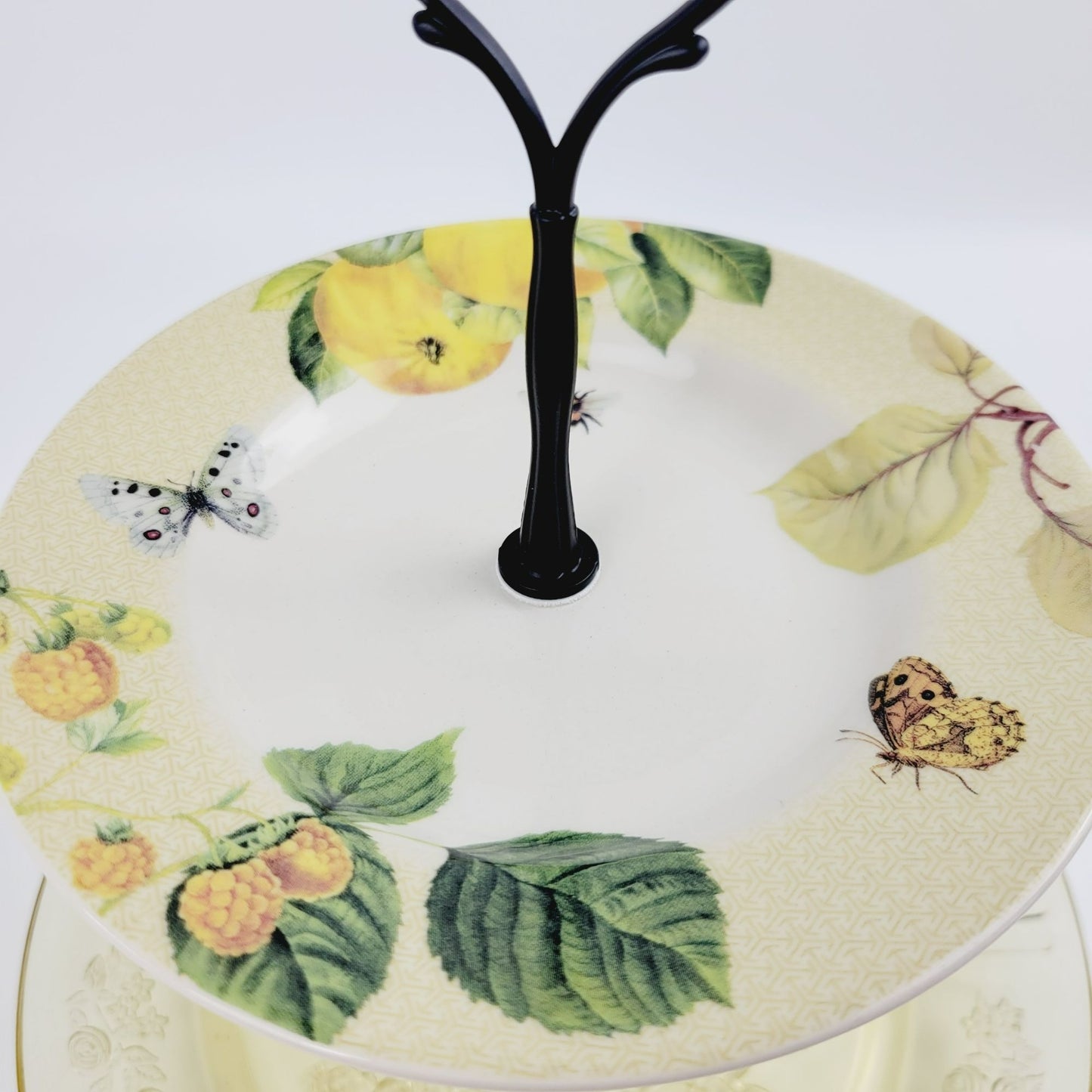 Vintage Tiered Dessert Stand, Yellow Floral, Butterfly & Fruit Design, Spode & Federal Glass Co.