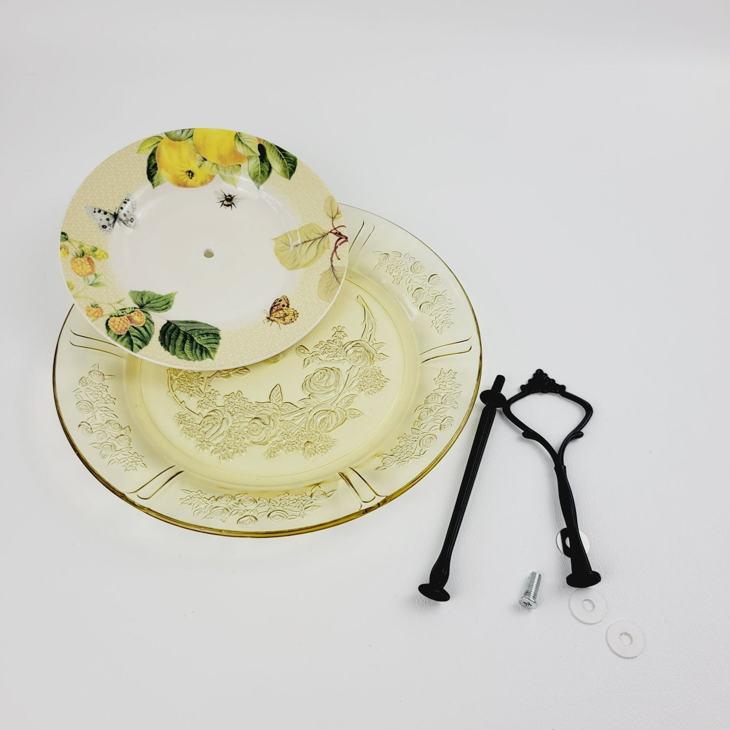 Vintage Tiered Dessert Stand, Yellow Floral, Butterfly & Fruit Design, Spode & Federal Glass Co.