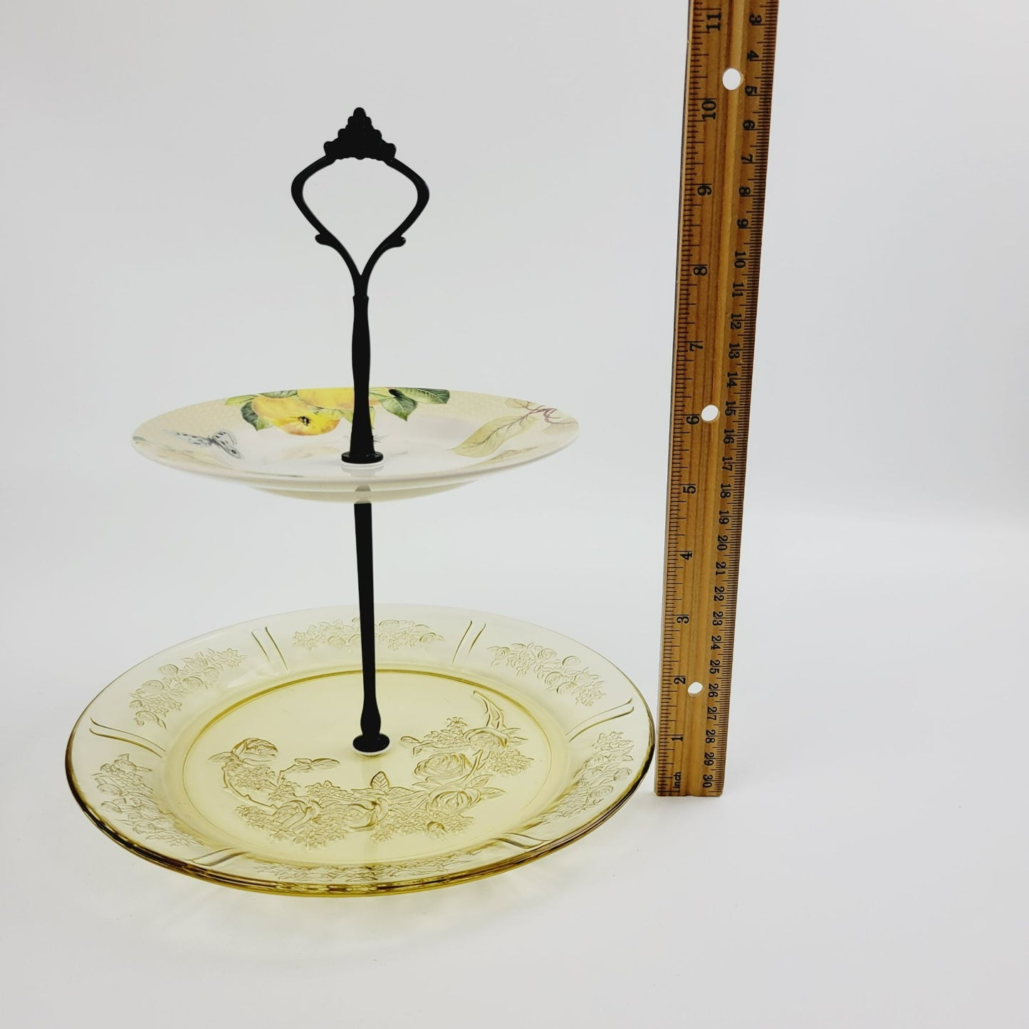 Vintage Tiered Dessert Stand, Yellow Floral, Butterfly & Fruit Design, Spode & Federal Glass Co.