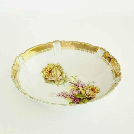 Antique Gold & White Victorian Floral Rose Bowl, Three Crown China, c.1910s Germany
