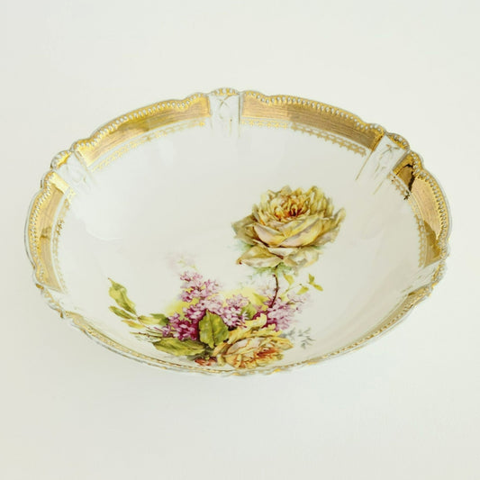 Antique Gold & White Victorian Floral Rose Bowl, Three Crown China, c.1910s Germany