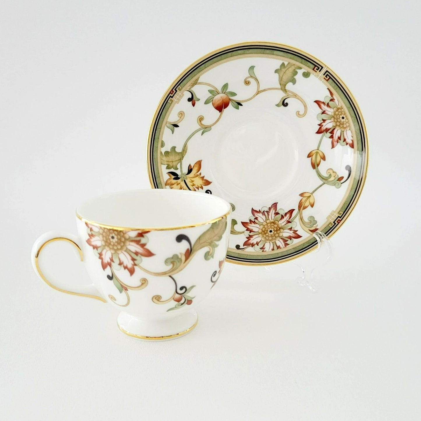 Wedgwood Oberon Footed Teacup & Saucer, Beige Green & Rust Floral Paisley Design, England