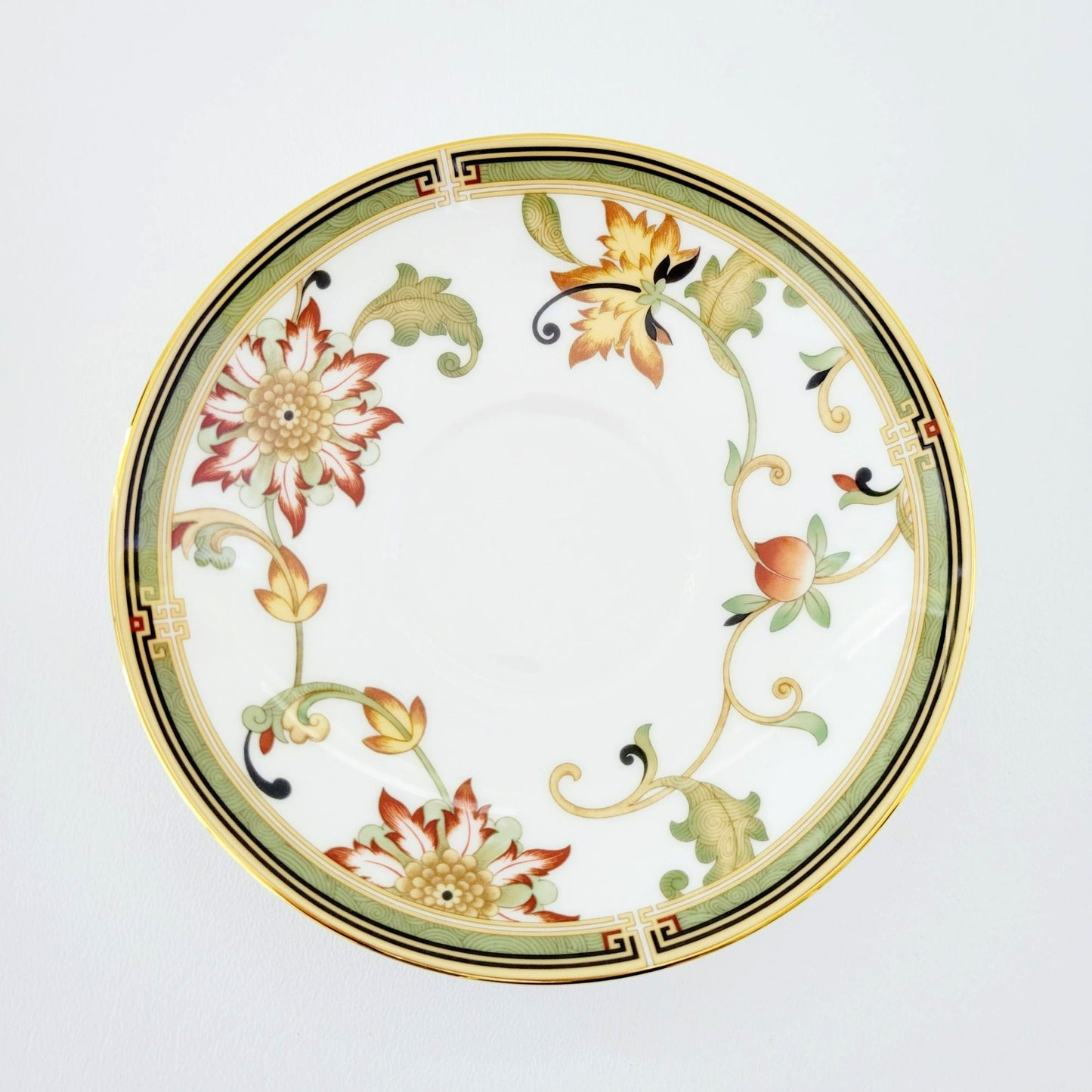 Wedgwood Oberon Footed Teacup & Saucer, Beige Green & Rust Floral Paisley Design, England