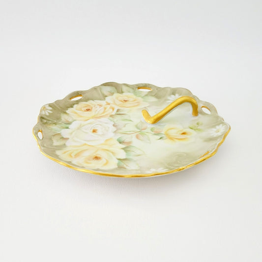 Hand Painted Floral Lemon Server Tray, Elegant Moss Green with Peach & White Roses & Gold Trim, Signed 1964, Unique Vanity Tray
