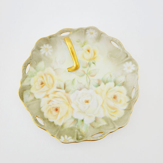 Hand Painted Floral Lemon Server Tray, Elegant Moss Green with Peach & White Roses & Gold Trim, Signed 1964, Unique Vanity Tray