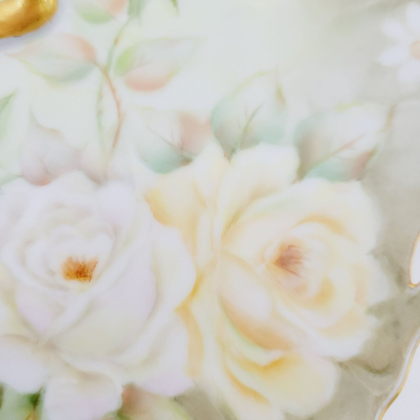 Hand Painted Floral Lemon Server Tray, Elegant Moss Green with Peach & White Roses & Gold Trim, Signed 1964, Unique Vanity Tray