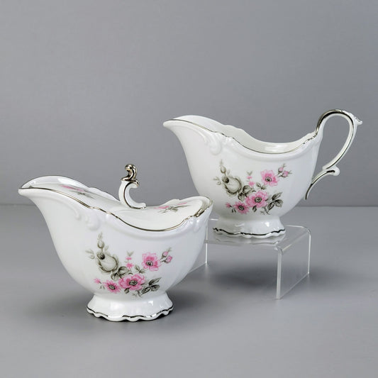 Vintage Pink & Gray Floral Footed Creamer & Sugar Bowl, by Tirschenreuth Picardy Bavaria Germany c.1969