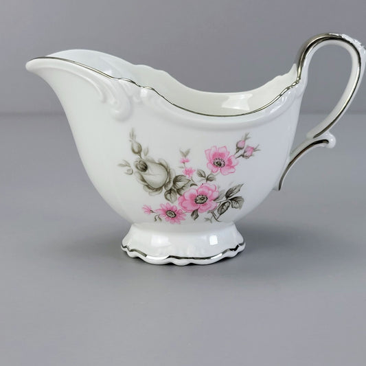 Vintage Pink & Gray Floral Footed Creamer & Sugar Bowl, by Tirschenreuth Picardy Bavaria Germany c.1969