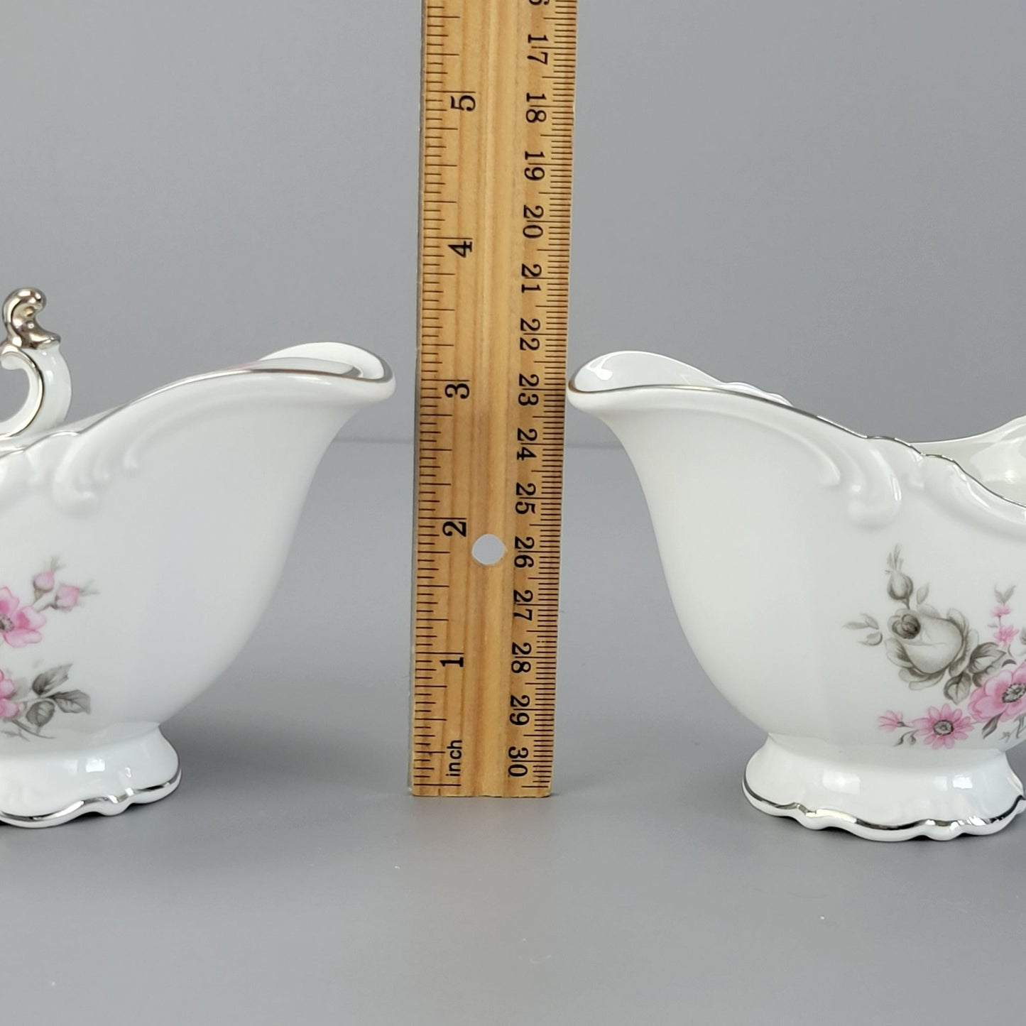 Vintage Pink & Gray Floral Footed Creamer & Sugar Bowl, by Tirschenreuth Picardy Bavaria Germany c.1969