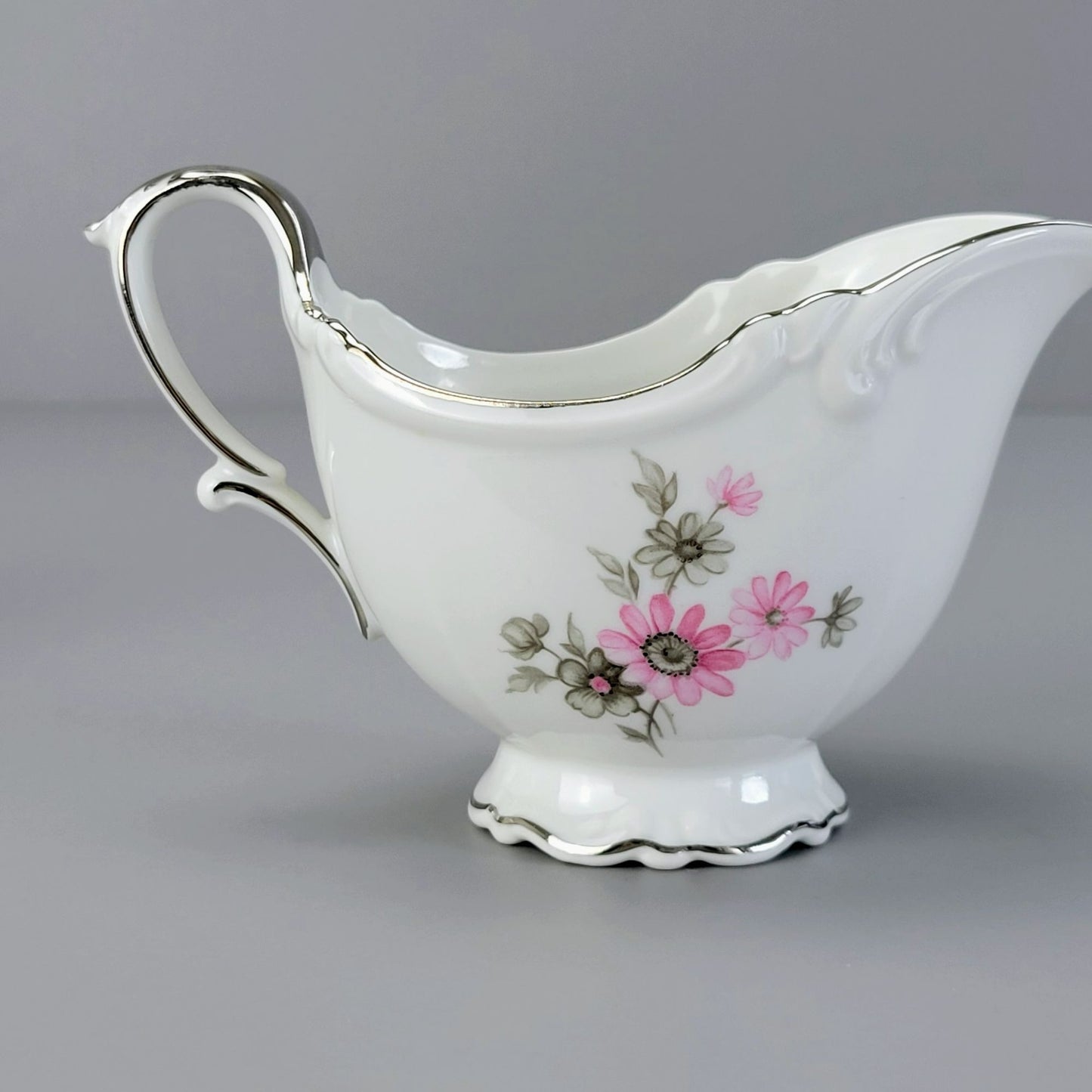 Vintage Pink & Gray Floral Footed Creamer & Sugar Bowl, by Tirschenreuth Picardy Bavaria Germany c.1969