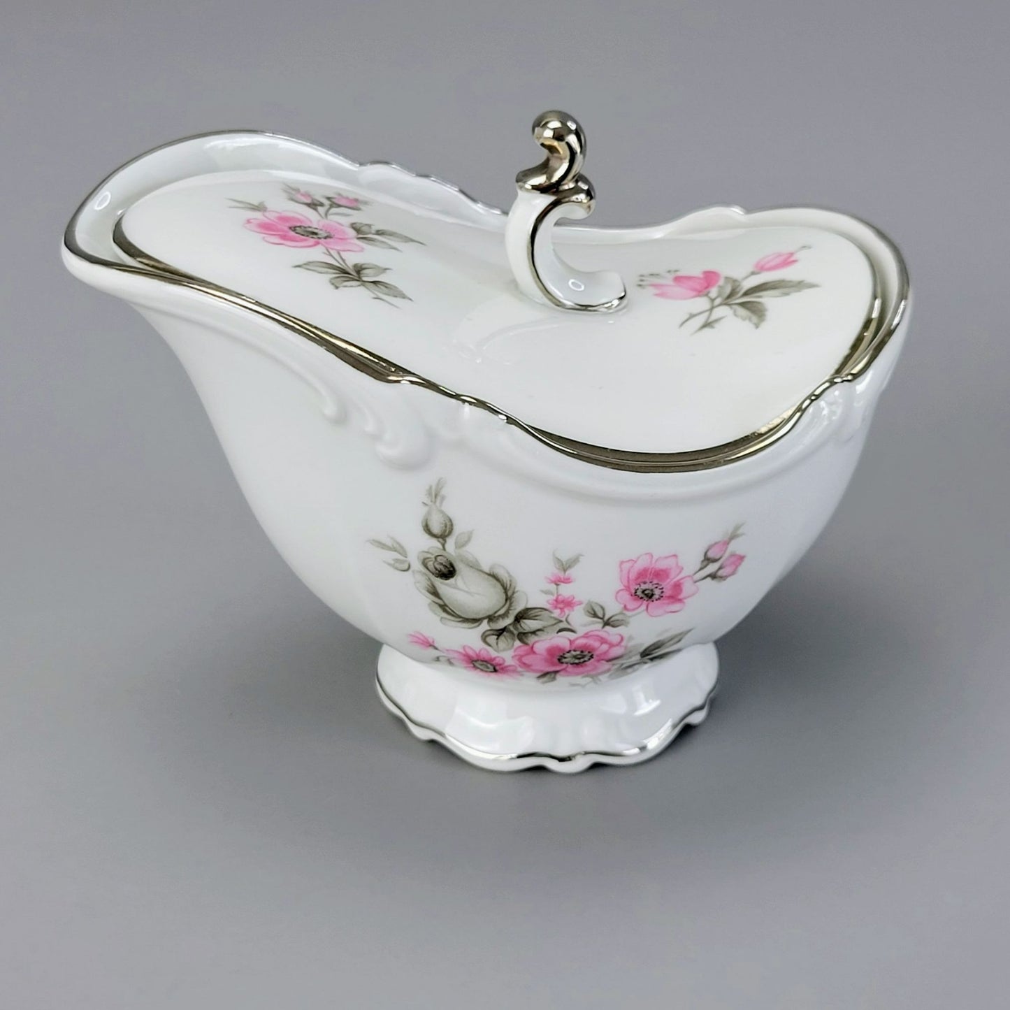 Vintage Pink & Gray Floral Footed Creamer & Sugar Bowl, by Tirschenreuth Picardy Bavaria Germany c.1969
