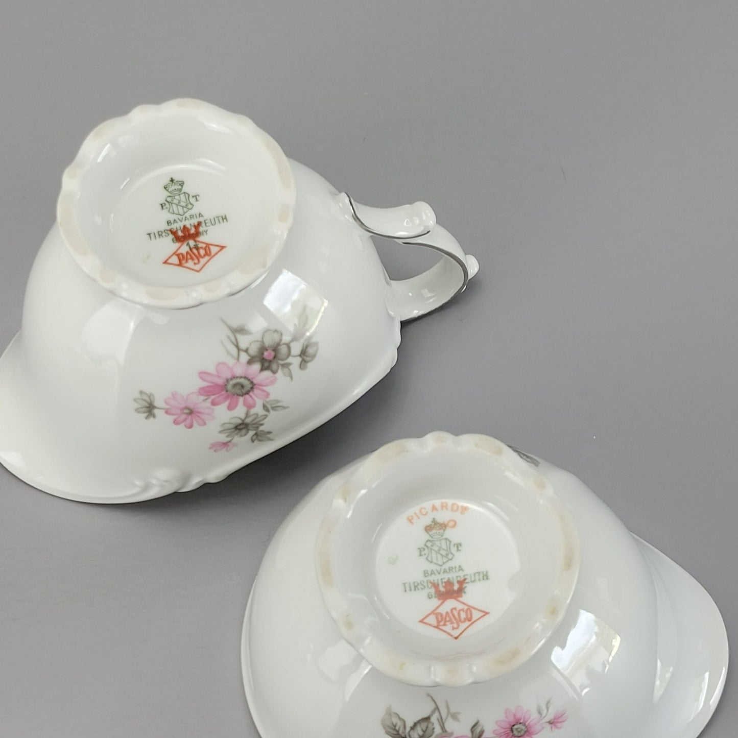 Vintage Pink & Gray Floral Footed Creamer & Sugar Bowl, by Tirschenreuth Picardy Bavaria Germany c.1969