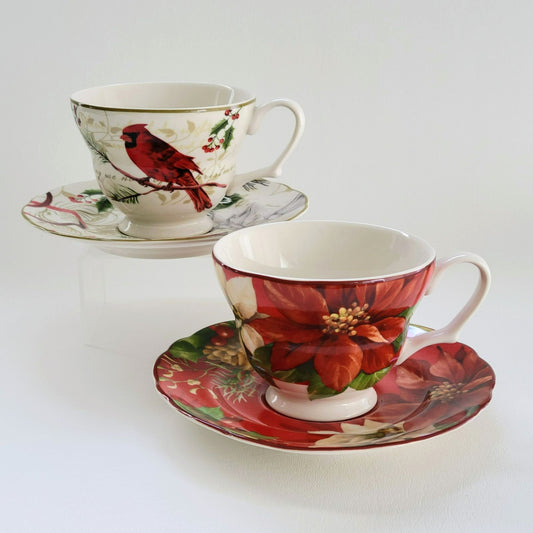 222 Fifth Holiday Wishes & Poinsettia Holly Cup & Saucer, 2 Sets
